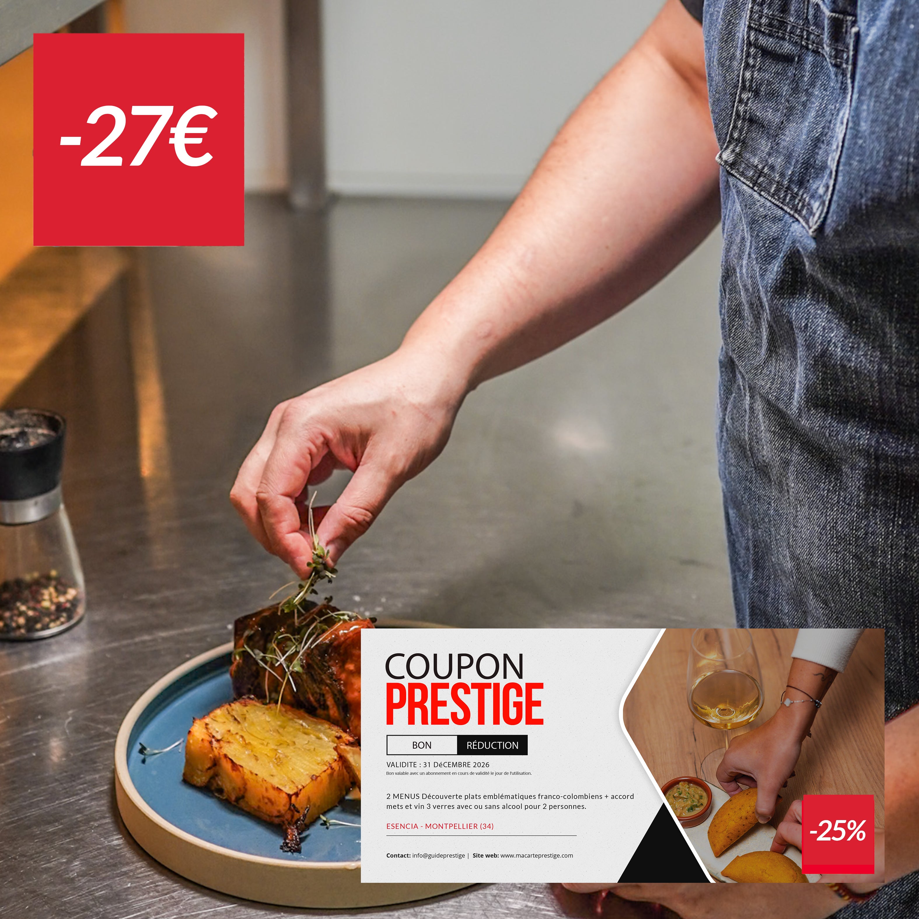 Coupon de réduction : 2 menus Découverte plats emblématiques franco-colombiens & 3 accords mets et vins pour 2 personnes à -25% - Valable chez ESENCIA - à MONTPELLIER (34)