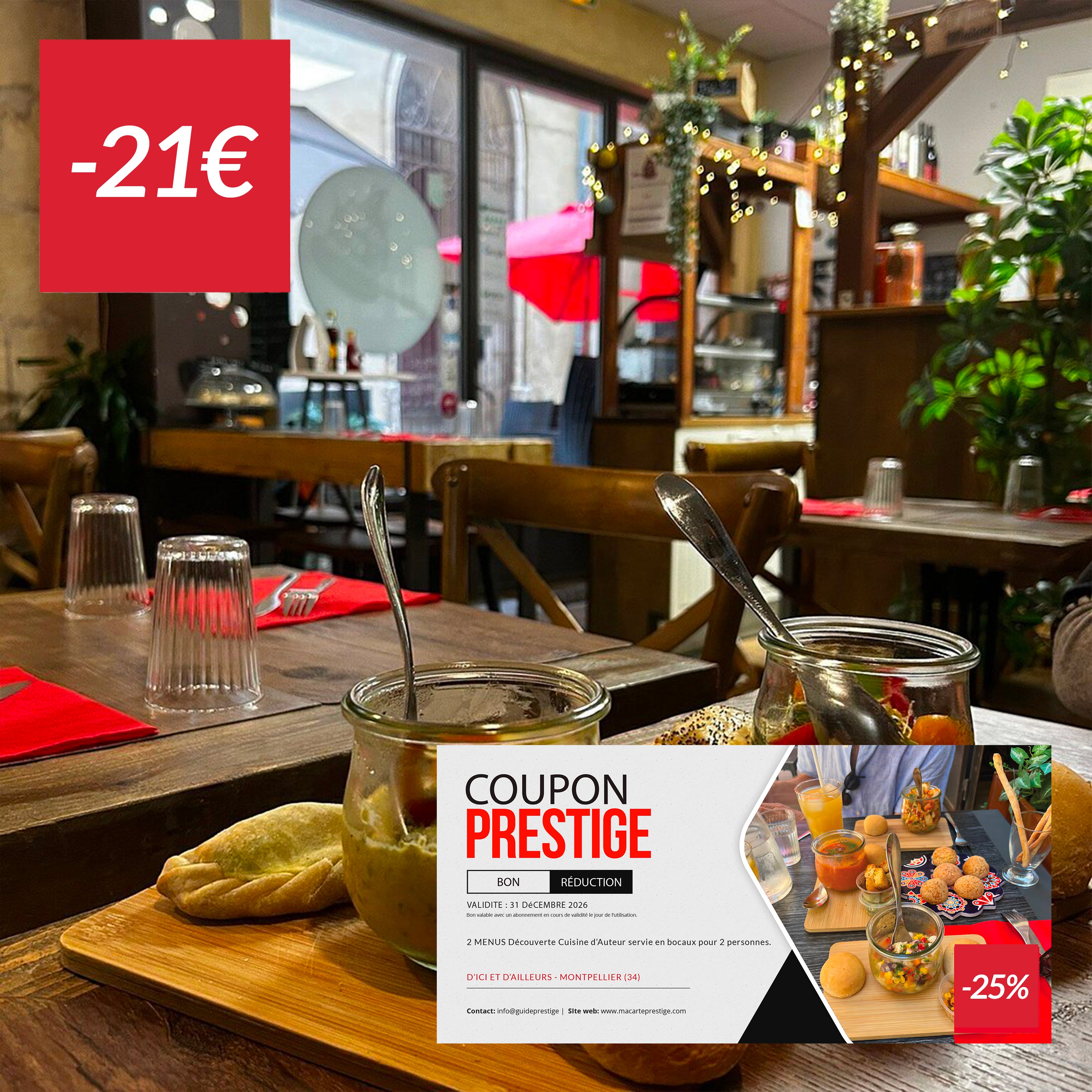 Coupon de réduction : 2 menus Découverte Cuisine d'auteur servie en bocaux 100% Maison pour 2 personnes à -25% - Valable chez D'ICI ET D'AILLEURS - à MONTPELLIER (34)