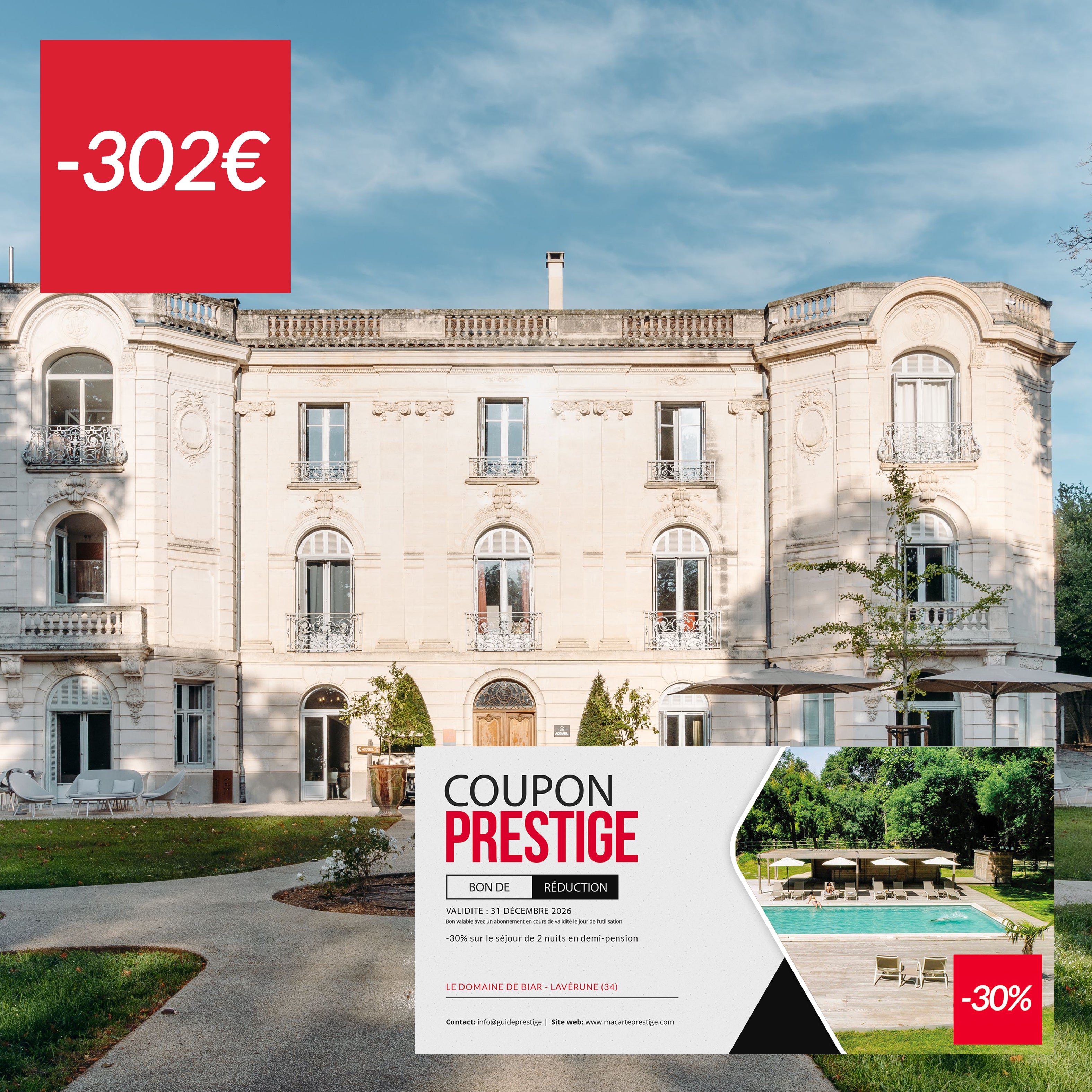 Bon de réduction : 2 nuits en Suite avec demi-pension à -30% - Valable au Domaine de Biar 4 étoiles - à LAVERUNE (34)