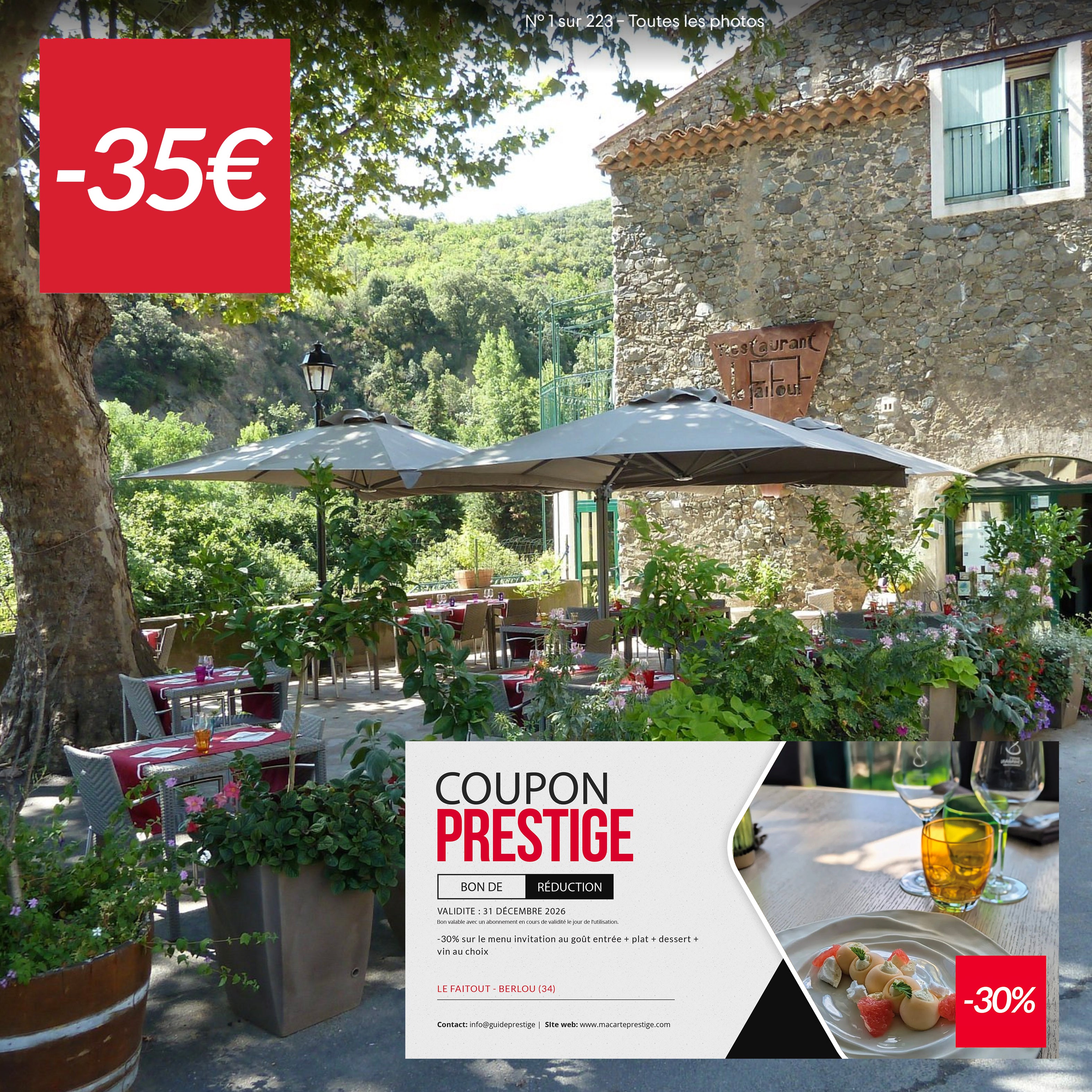 Coupon de réduction : 2 menus invitation au goût à -30% - Valable au restaurant LE FAITOUT - à BERLOU (34)