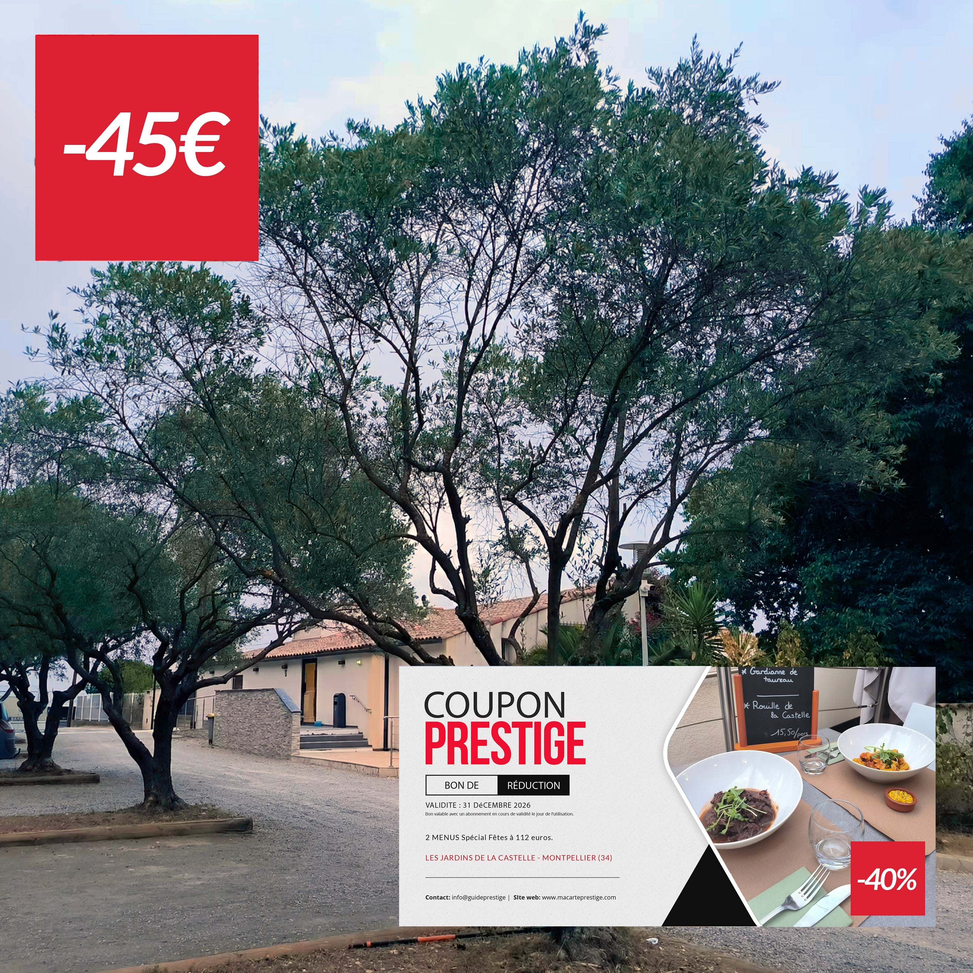 Coupon de réduction : 2 Menus Spécial Fêtes à 114 € à -40% - Valable chez LES JARDINS DE LA CASTELLE - à MONTPELLIER (34)