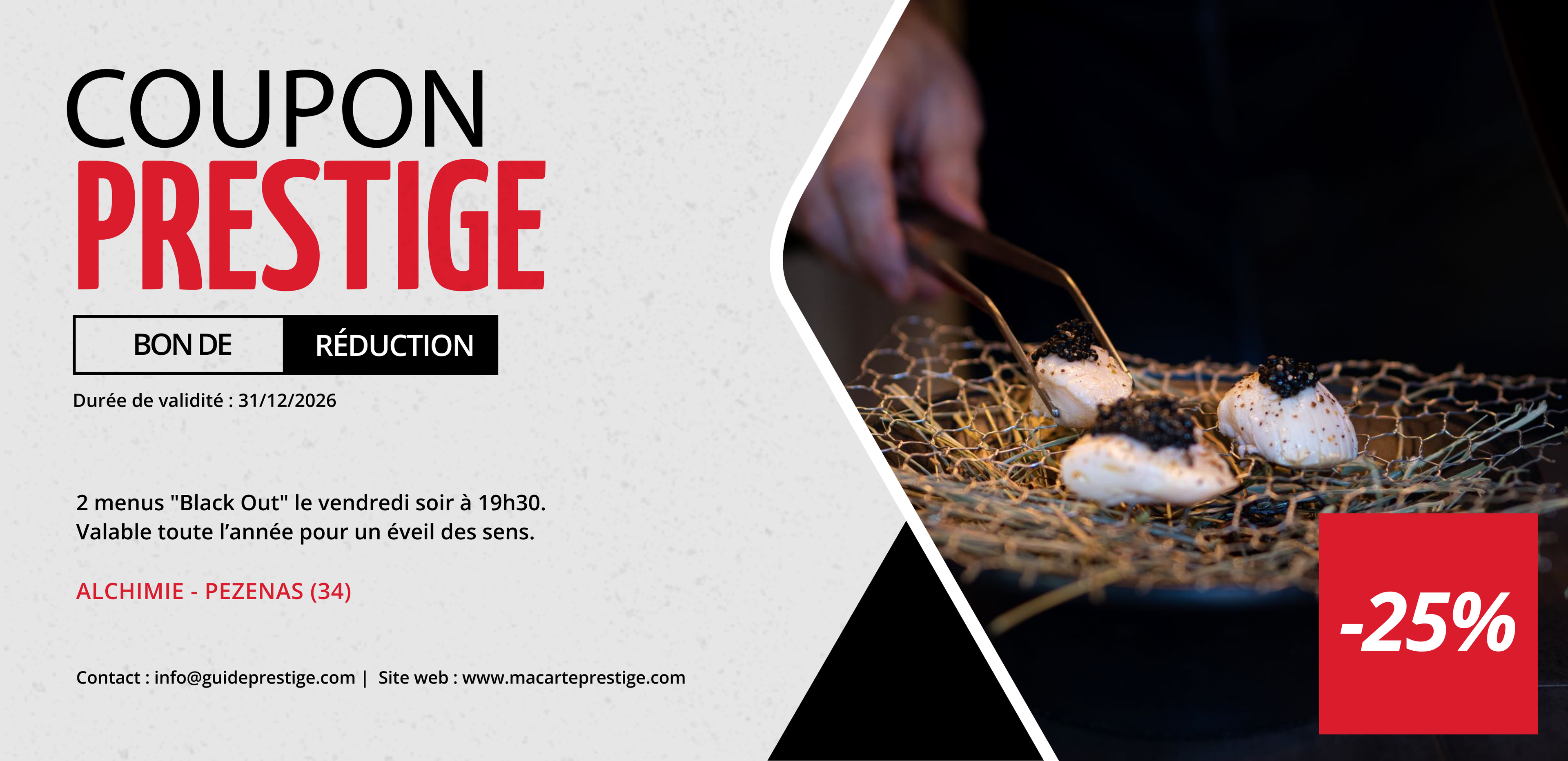 Coupon de réduction : 2 menus "Black Out" dans le noir à -25% uniquement le vendredi soir* - Valable chez ALCHIMIE BY CHAP'S - à Pézenas (34)