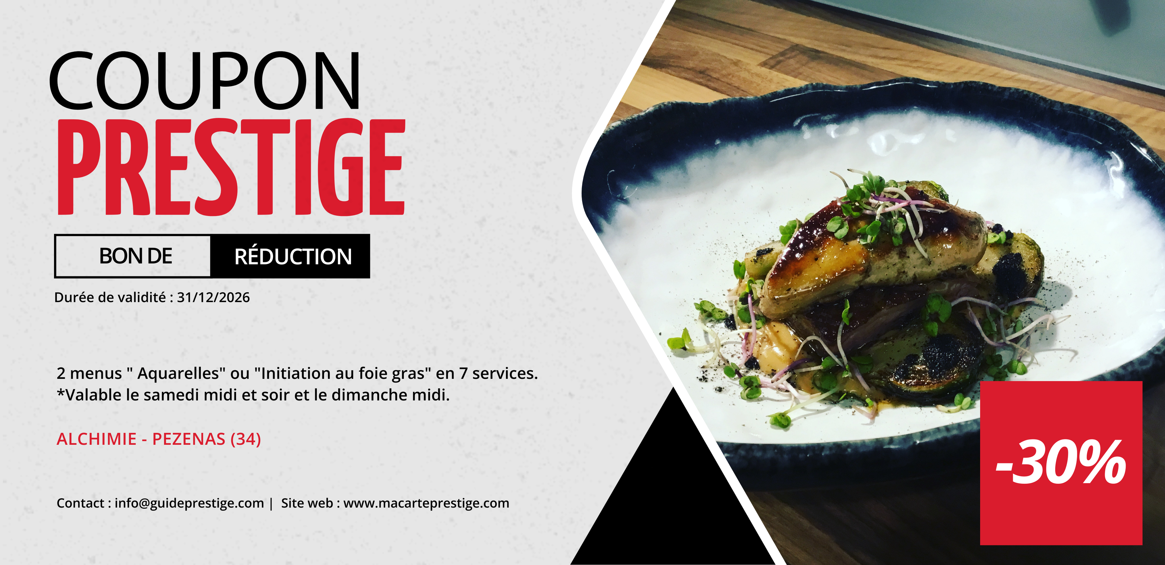 Coupon de réduction : 2 menus " Aquarelles" ou "Initiation au foie gras" en 7 services à -30% par Sébastien Chap'S * - Valable chez ALCHIMIE BY CHAP'S - à Pézenas (34)