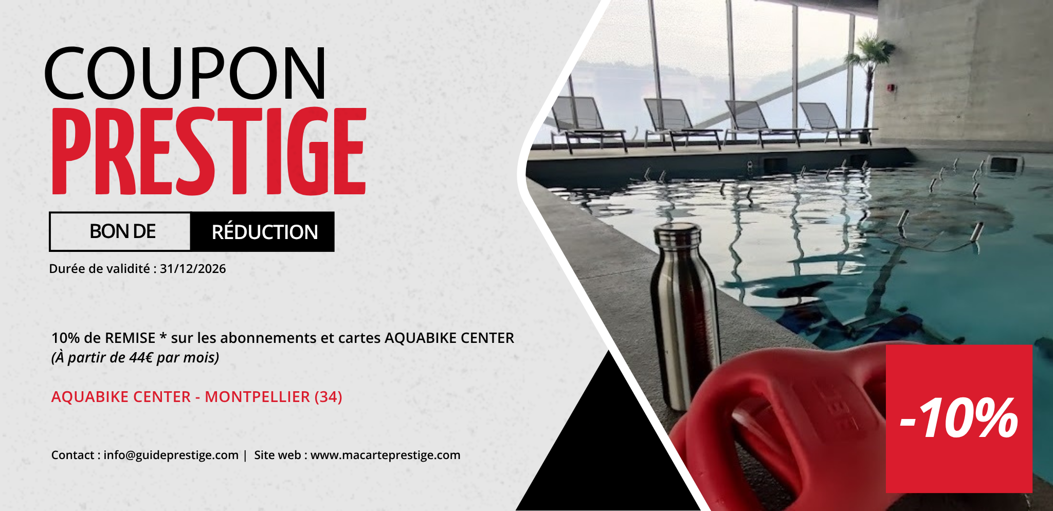 Coupon de réduction : 10% de REMISE * sur les abonnements et cartes AQUABIKE CENTER - Valable à AQUABIKE CENTER - à MONTPELLIER (34)