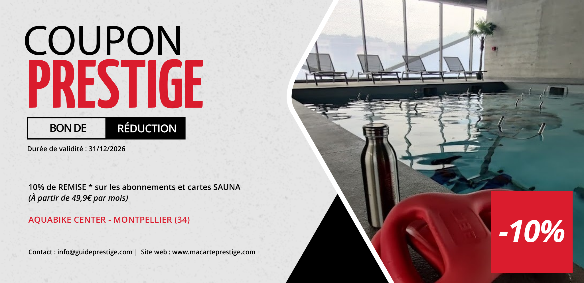 Coupon de réduction : 10% de REMISE * sur les abonnements et cartes SAUNA - Valable à AQUABIKE CENTER - à MONTPELLIER (34)