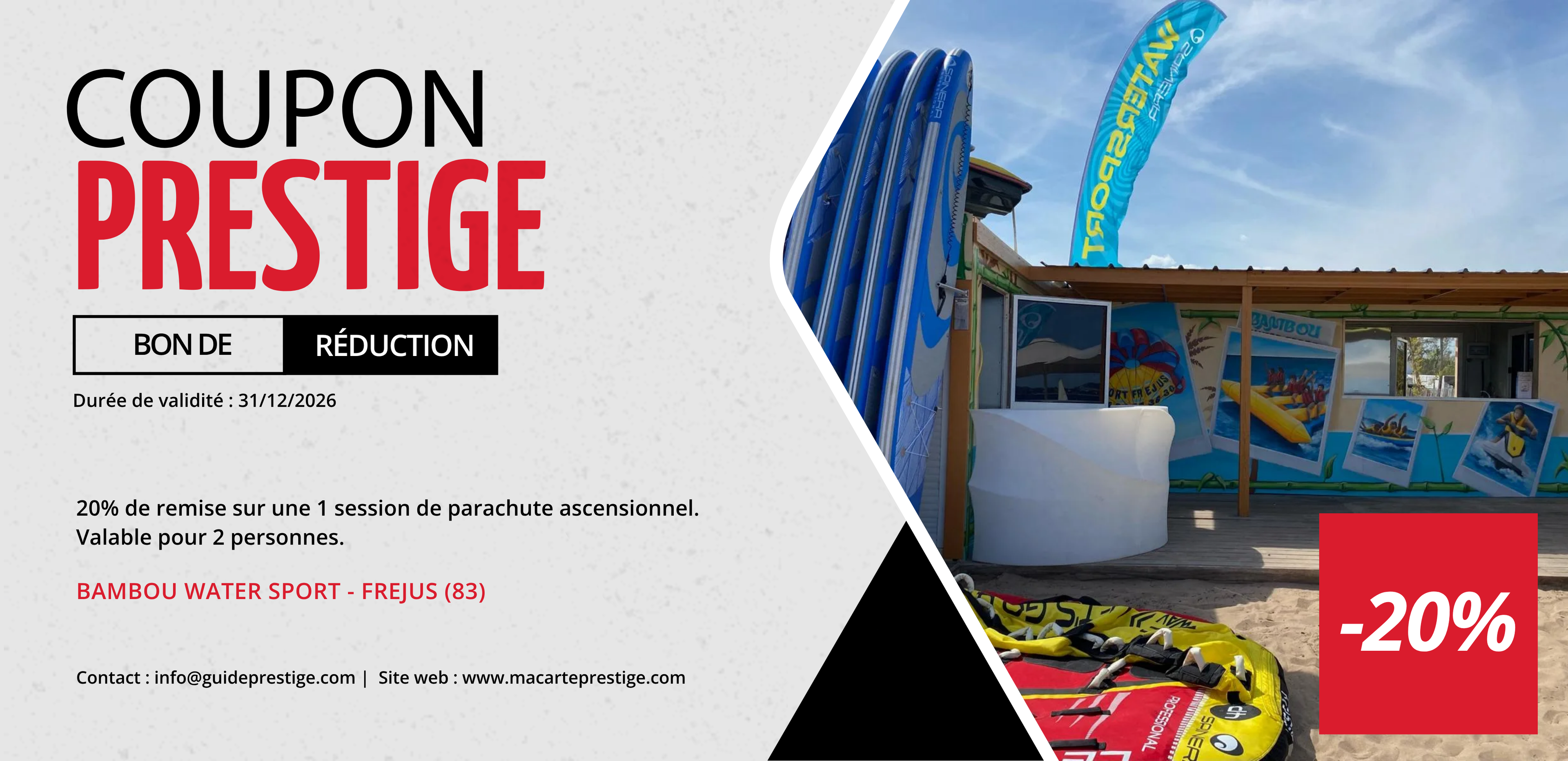 Bon de réduction : 20% de remise sur une session de parachute ascensionnel pour 2 personnes (70€ au lieu de 88€) - Valable chez BAMBOU WATER SPORTS - à FREJUS (83)