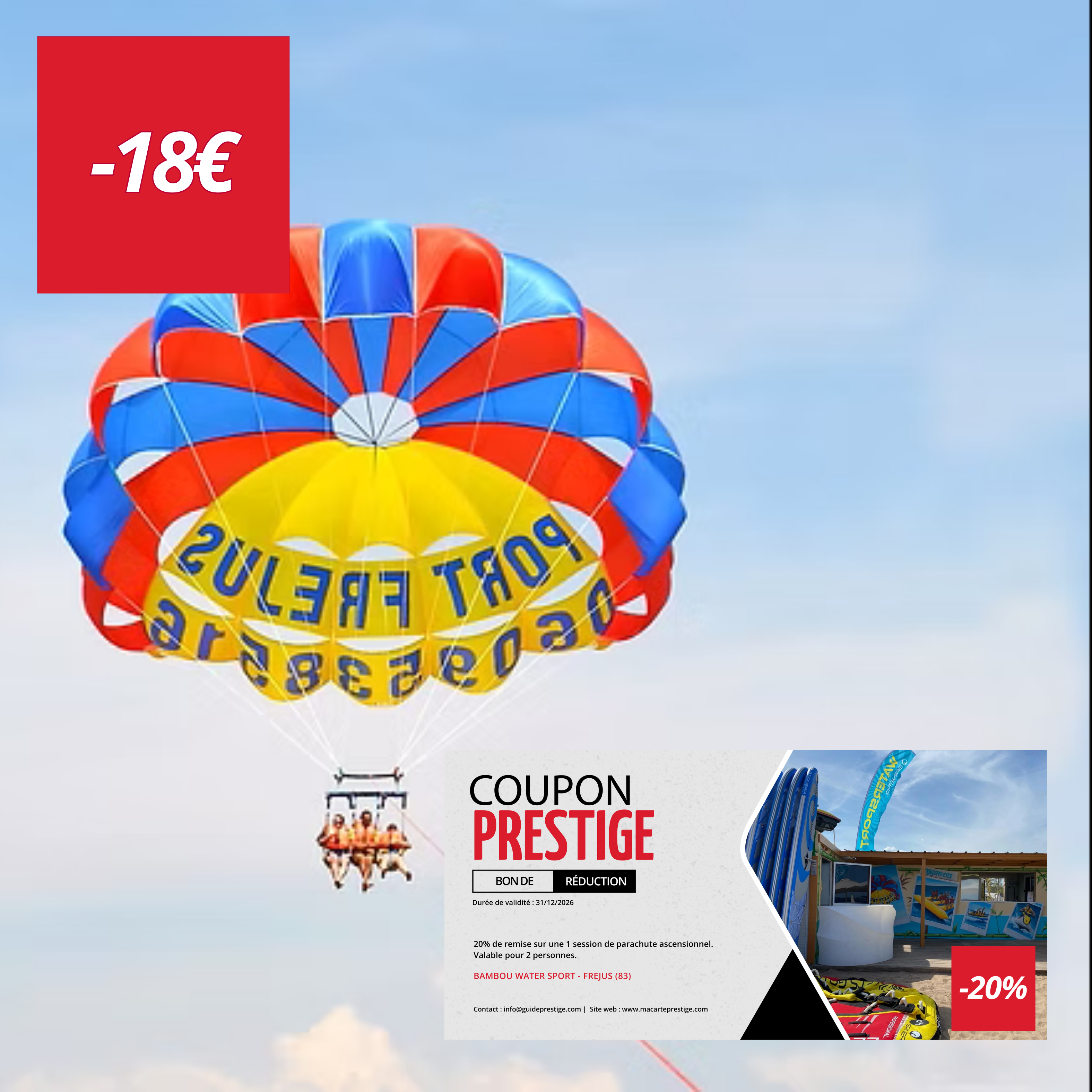 Bon de réduction : 20% de remise sur une session de parachute ascensionnel pour 2 personnes (70€ au lieu de 88€) - Valable chez BAMBOU WATER SPORTS - à FREJUS (83)