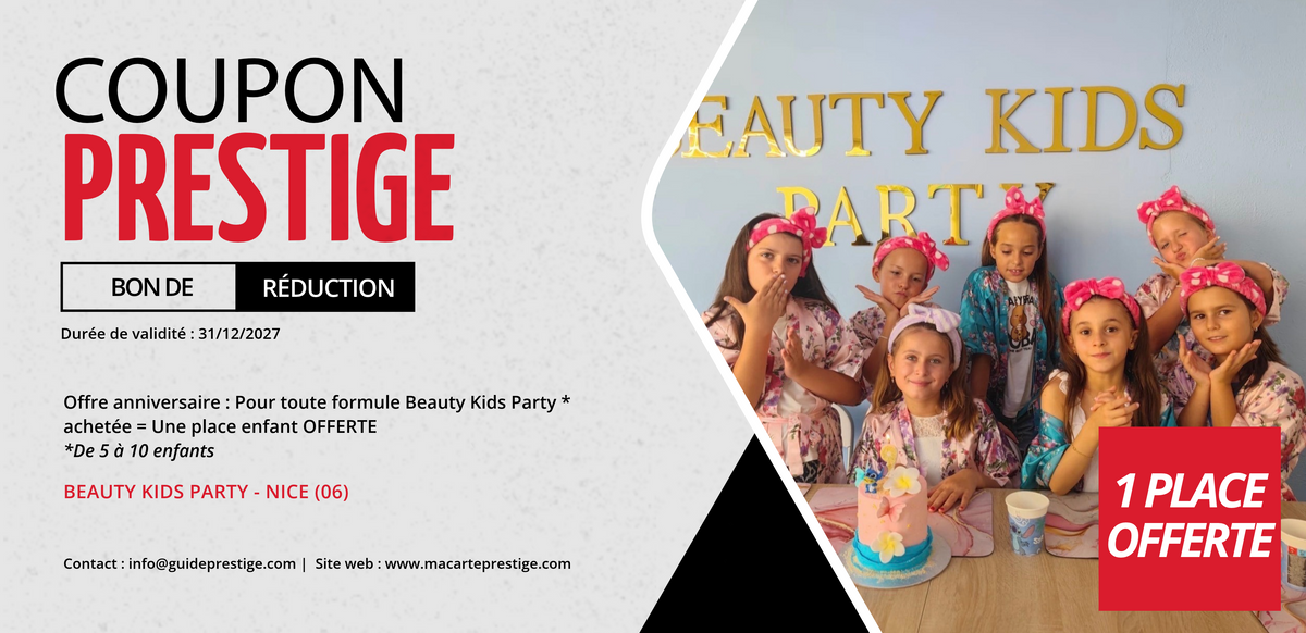 Bon de réduction : Une place enfant offerte pour son anniversaire (Anniversaire de 5 à 10 enfants) - Valable chez IDUUN BEAUTY / BEAUTY KIDS PARTY- à NICE (06)