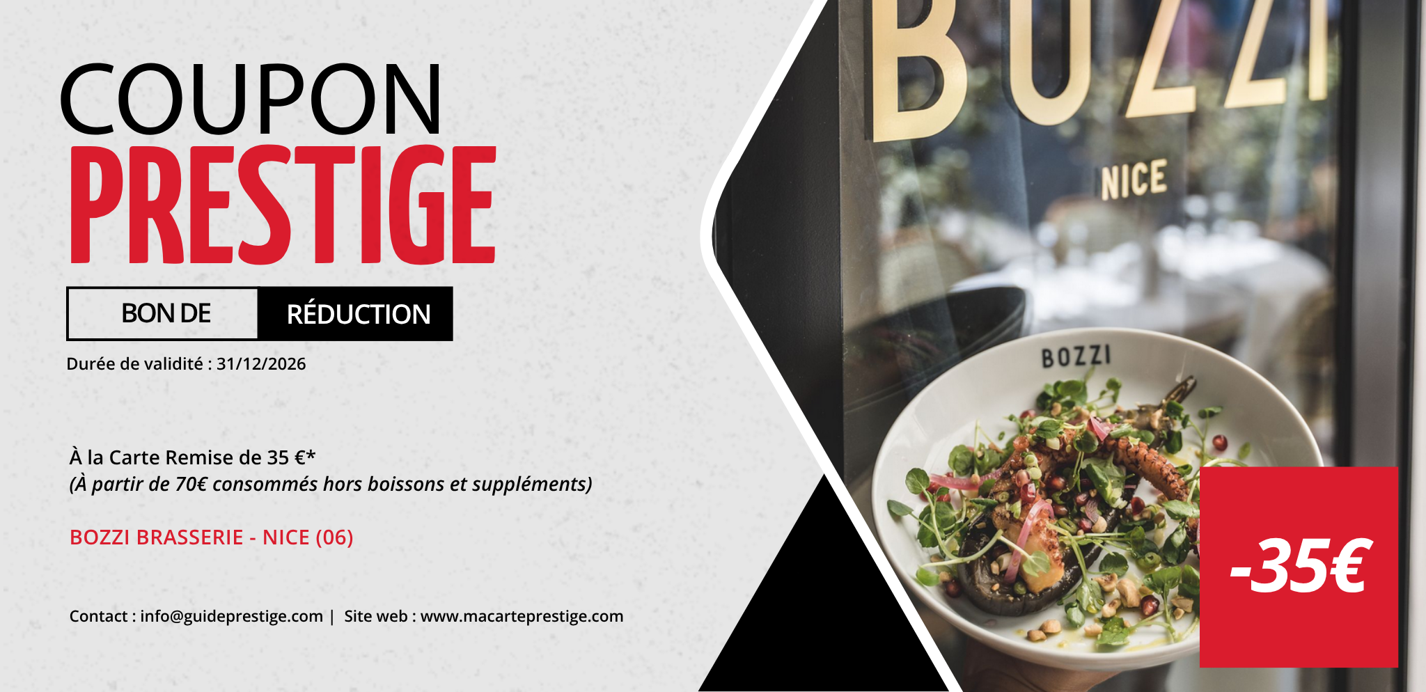 Coupon de réduction : À la Carte Remise de 35 €* - Valable chez BOZZI BRASSERIE - à NICE (06)