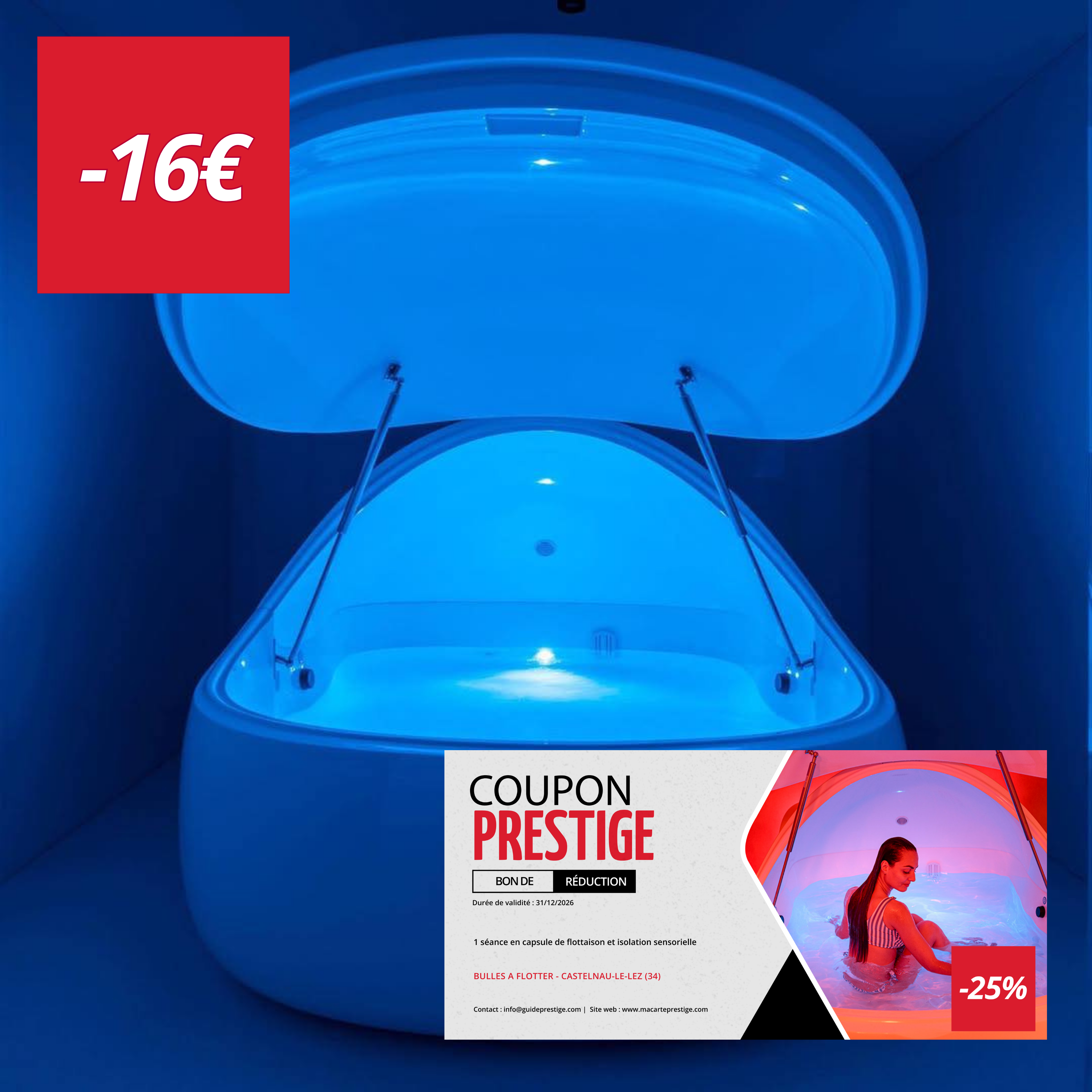 Coupon de réduction : 1 séance en capsule de flottaison et isolation sensorielle à -25% chez BULLES A FLOTTER- à MONTPELLIER (34)
