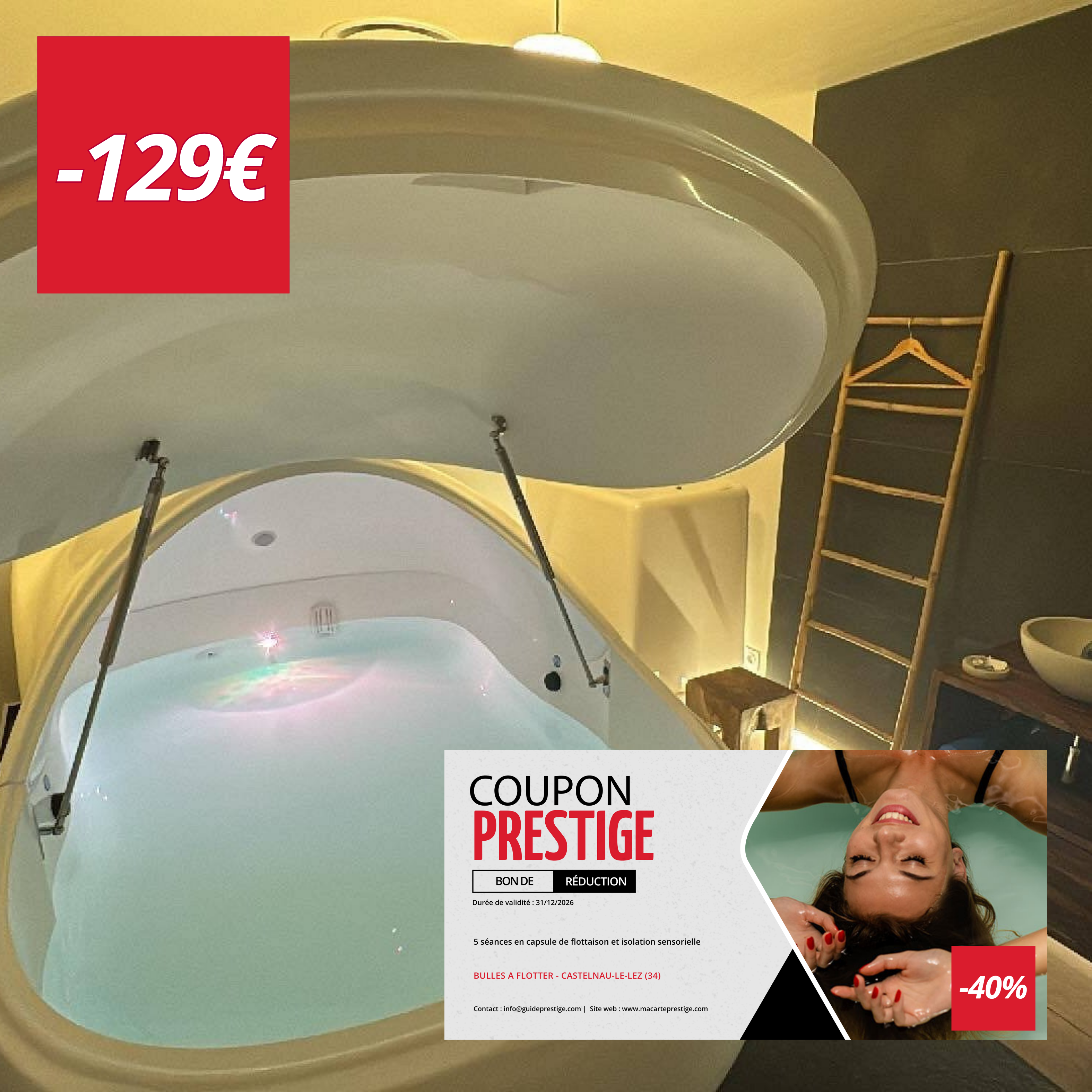 Coupon de réduction : 5 séances en capsule de flottaison et isolation sensorielle à -40% chez BULLES A FLOTTER- à MONTPELLIER (34)
