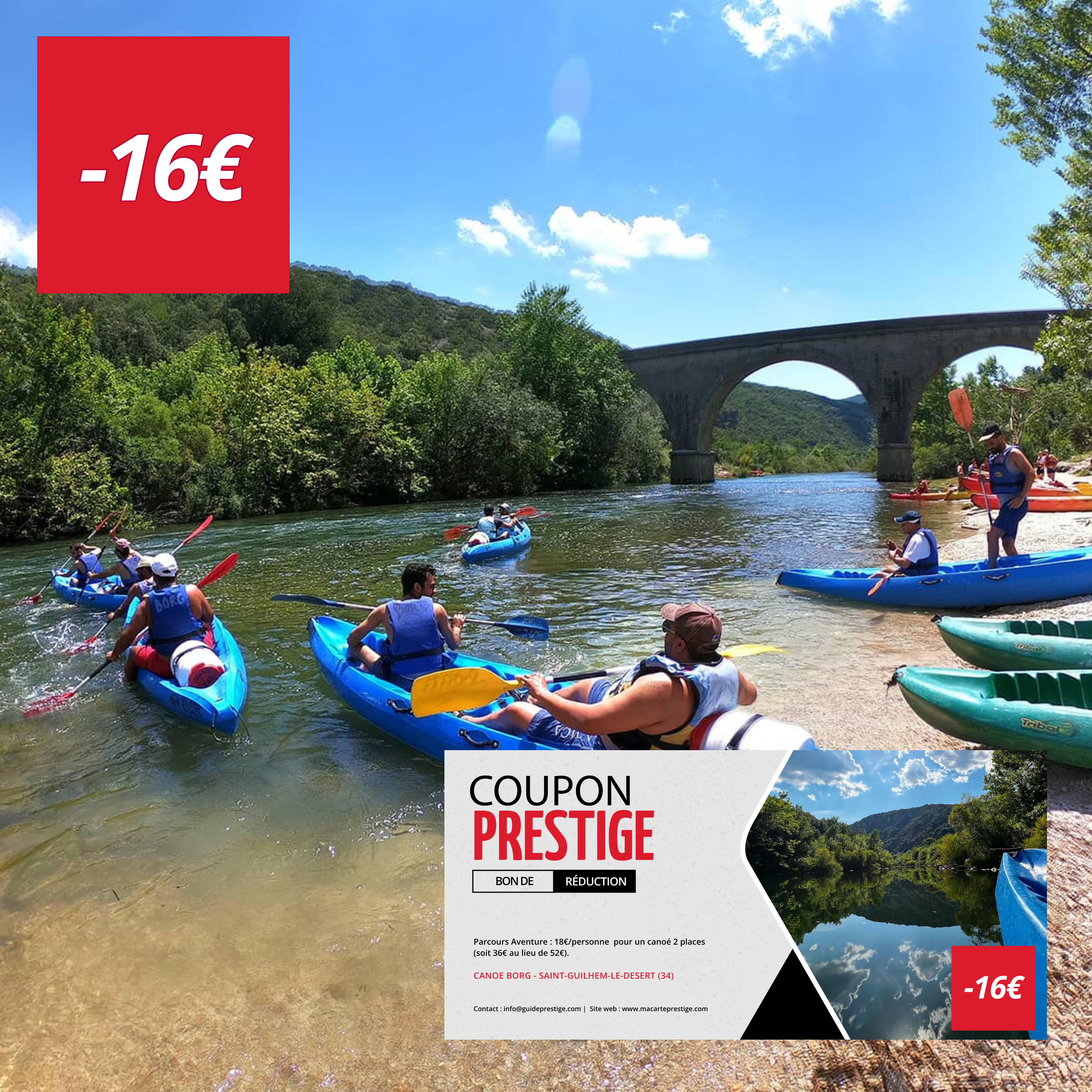 Coupon de réduction : Parcours Aventure : 18€/personne pour un canoé 2 places (soit 36€ au lieu de 52€). - Valable chez CANOE BORG - à SAINT-GUILHEM-LE-DESERT (34)
