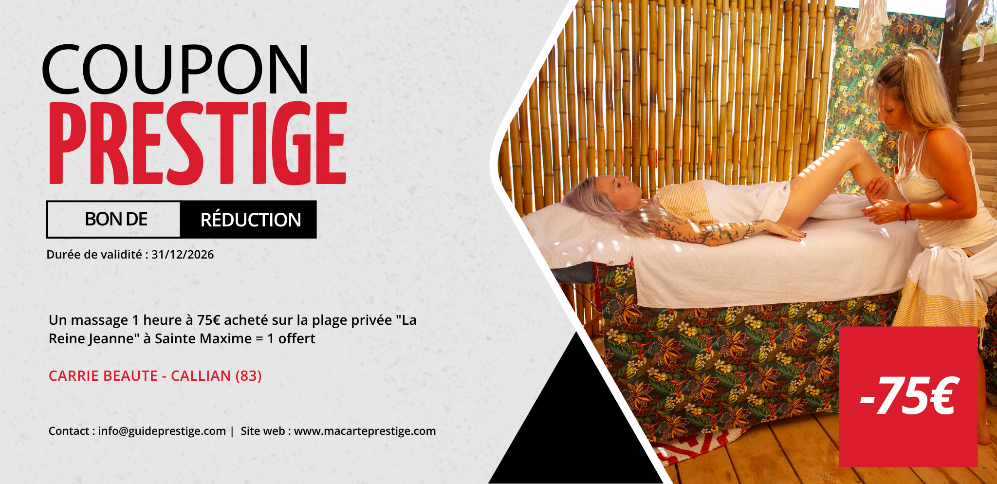 Coupon de réduction : Un massage 1 heure à 75€ acheté sur la plage privée "La Reine Jeanne" à Sainte Maxime = 1 offert - Valable chez CARRIE BEAUTE - à CALLIAN (83)