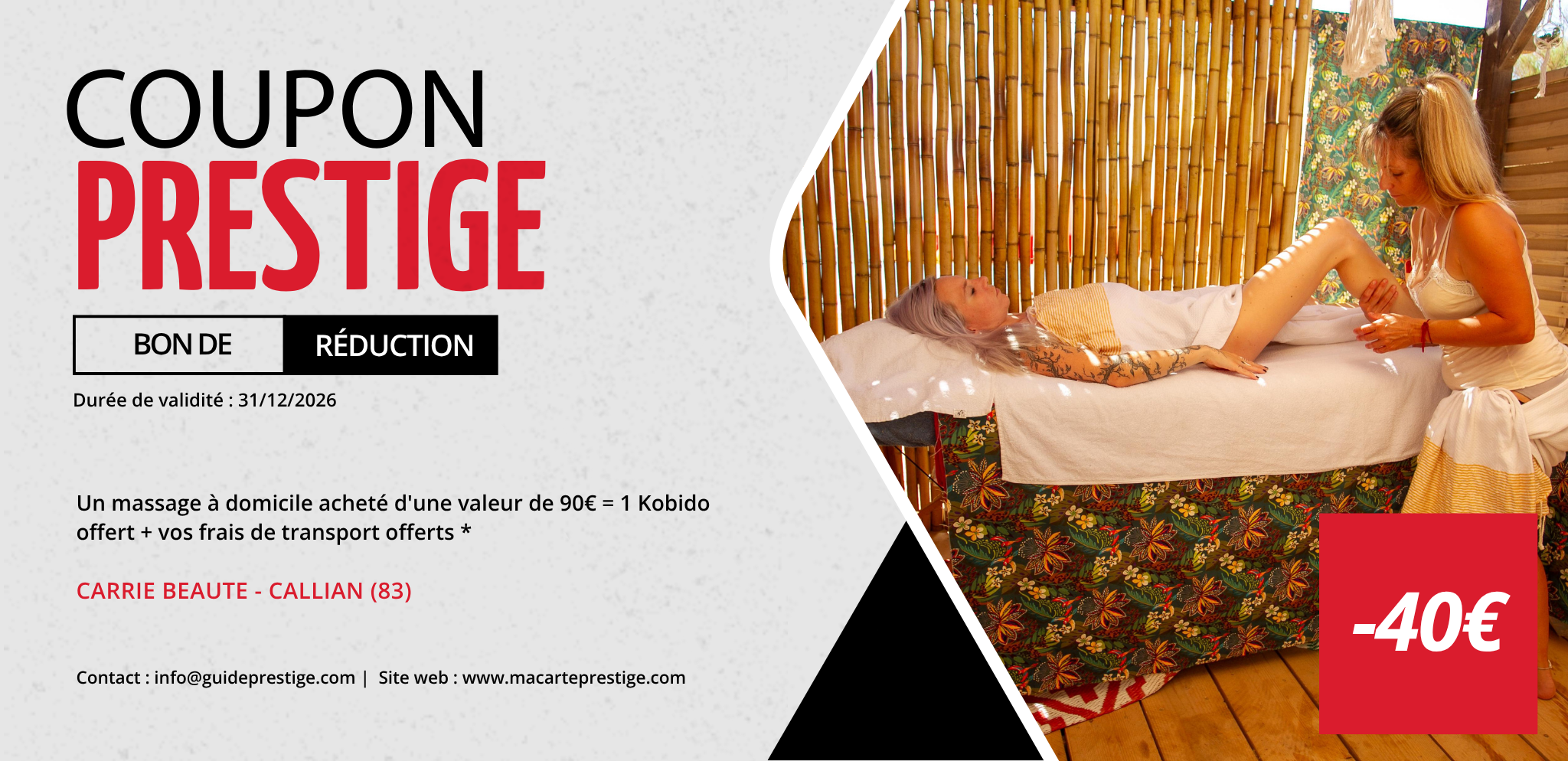 Coupon de réduction : Un massage à domicile acheté d'une valeur de 90€ = 1 Kobido offert + vos frais de transport offerts * - Valable chez CARRIE BEAUTE - à CALLIAN (83)