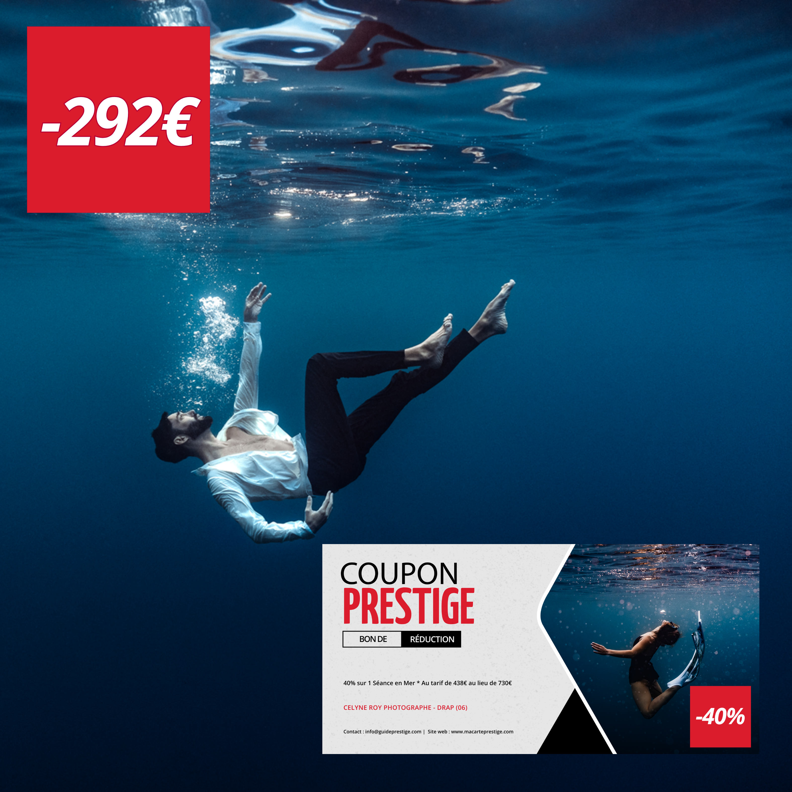 Coupon de réduction : 40% sur 1 Séance en Mer * Au tarif de 438€ au lieu de 730€ - Valable chez CELYNE ROY PHOTOGRAPHE - à DRAP (06)