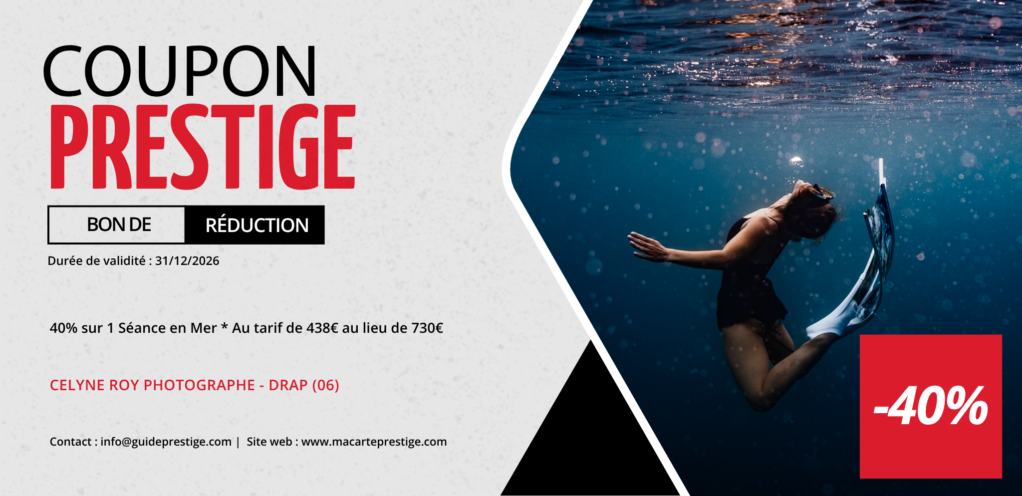 Coupon de réduction : 40% sur 1 Séance en Mer * Au tarif de 438€ au lieu de 730€ - Valable chez CELYNE ROY PHOTOGRAPHE - à DRAP (06)