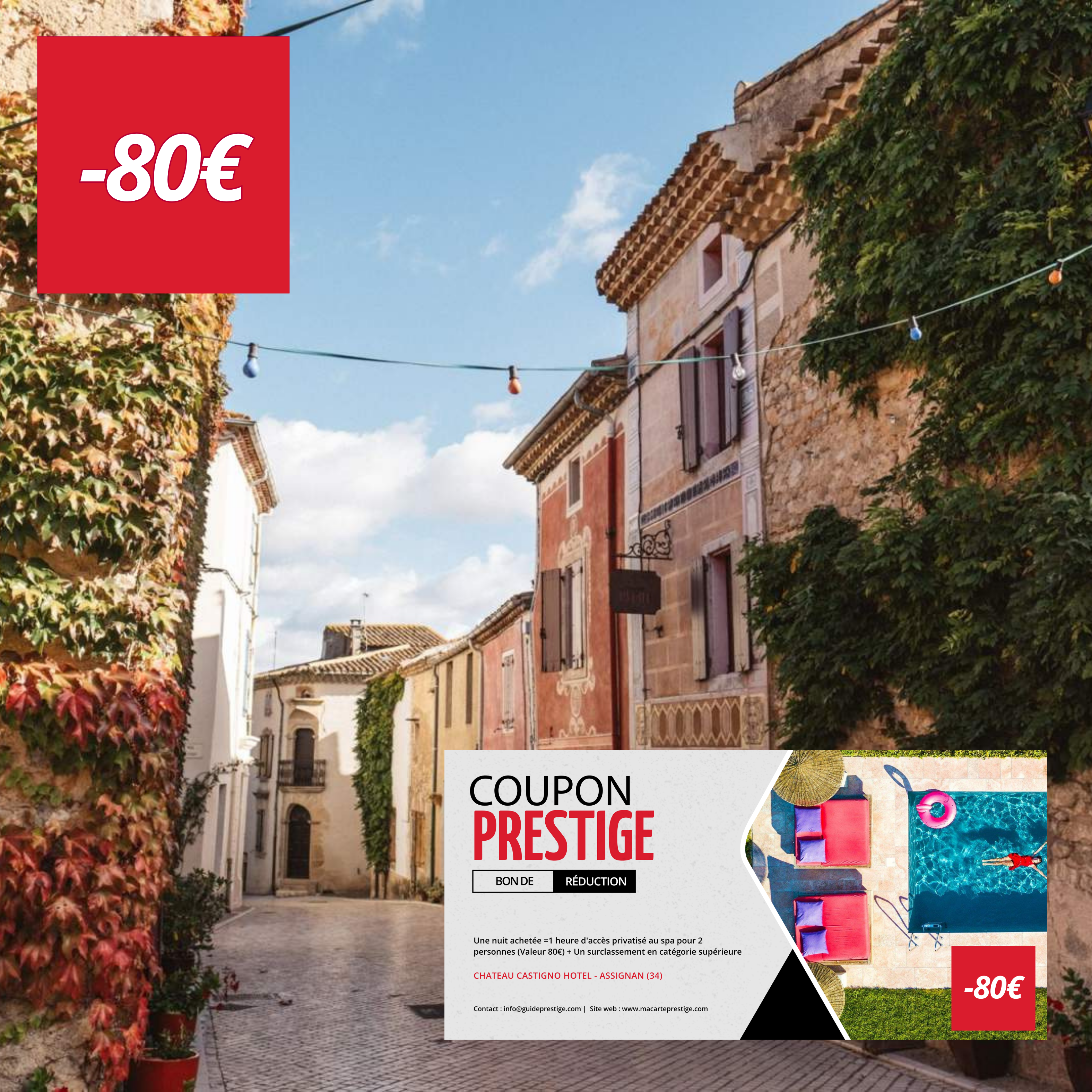 Coupon de réduction : Une nuit achetée =1 heure d'accès privatisé au spa pour 2 personnes (Valeur 80€) + Un surclassement en catégorie supérieure - Valable chez CHATEAU CASTIGNO HOTEL - à ASSIGNAN (34)