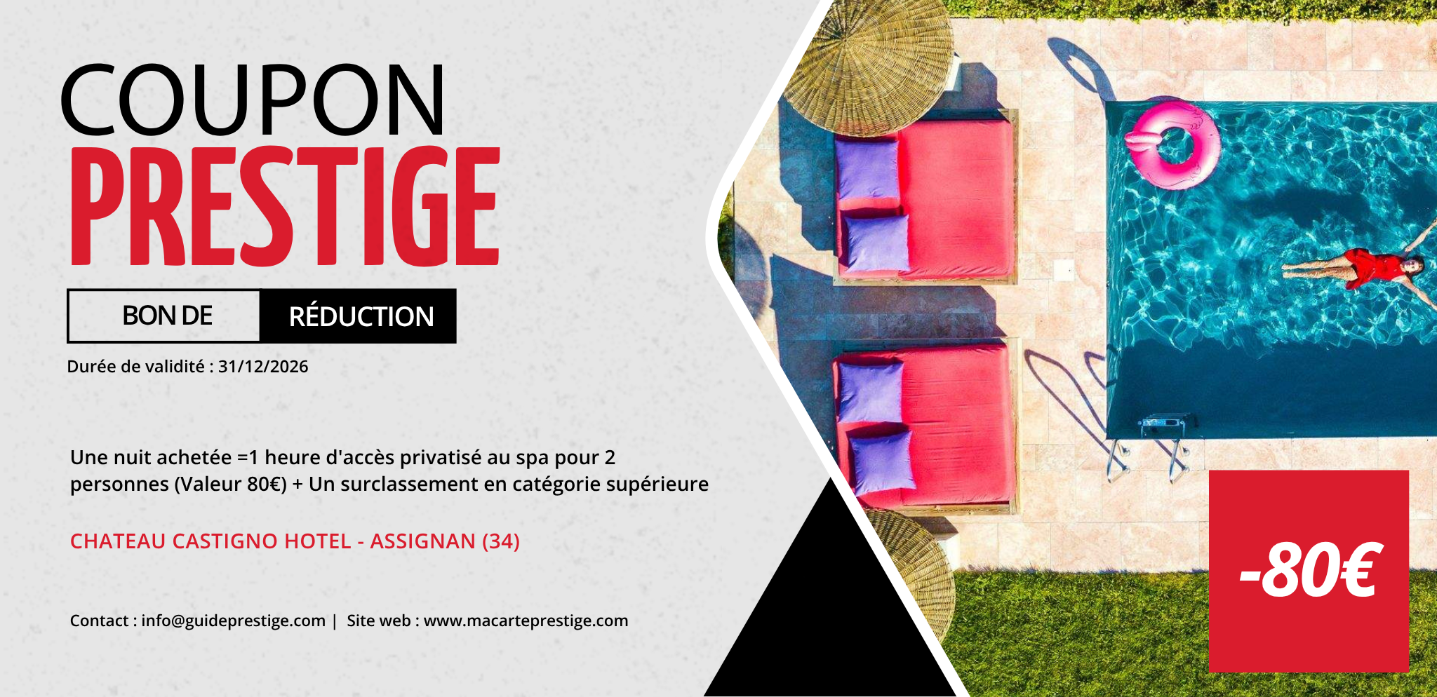 Coupon de réduction : Une nuit achetée =1 heure d'accès privatisé au spa pour 2 personnes (Valeur 80€) + Un surclassement en catégorie supérieure - Valable chez CHATEAU CASTIGNO HOTEL - à ASSIGNAN (34)