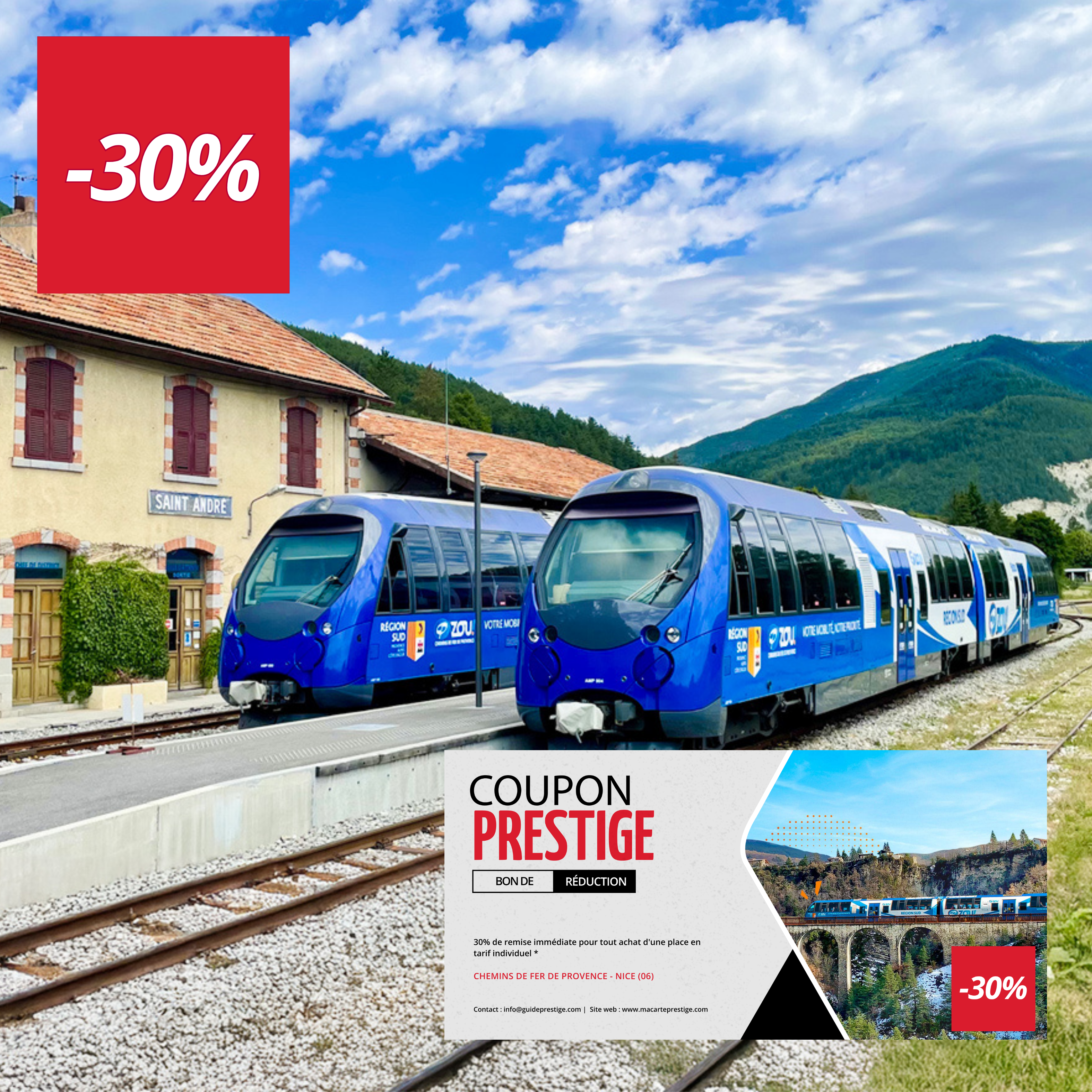 Coupon de réduction : 30% de remise immédiate pour tout achat d'une place en tarif individuel * - Valable chez CHEMINS DE FER DE PROVENCE - à NICE (06)