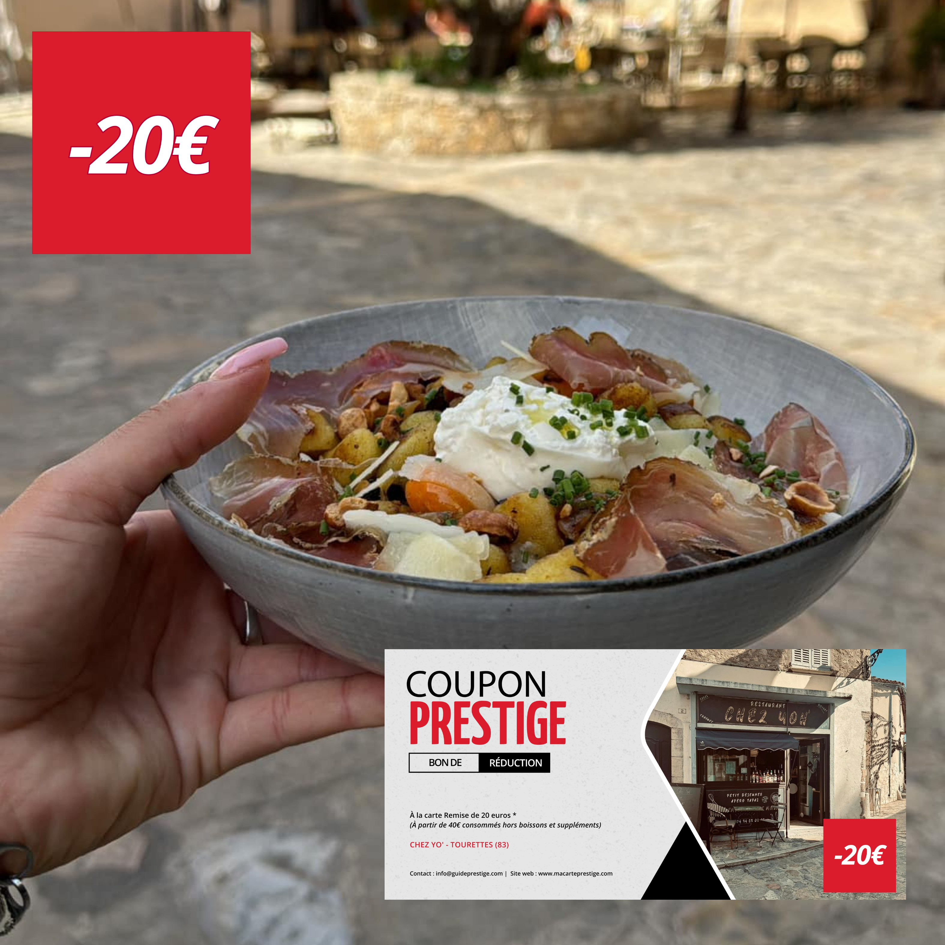 Coupon de réduction : À la carte Remise de 20 euros * - Valable CHEZ YO' - à TOURETTES (83)