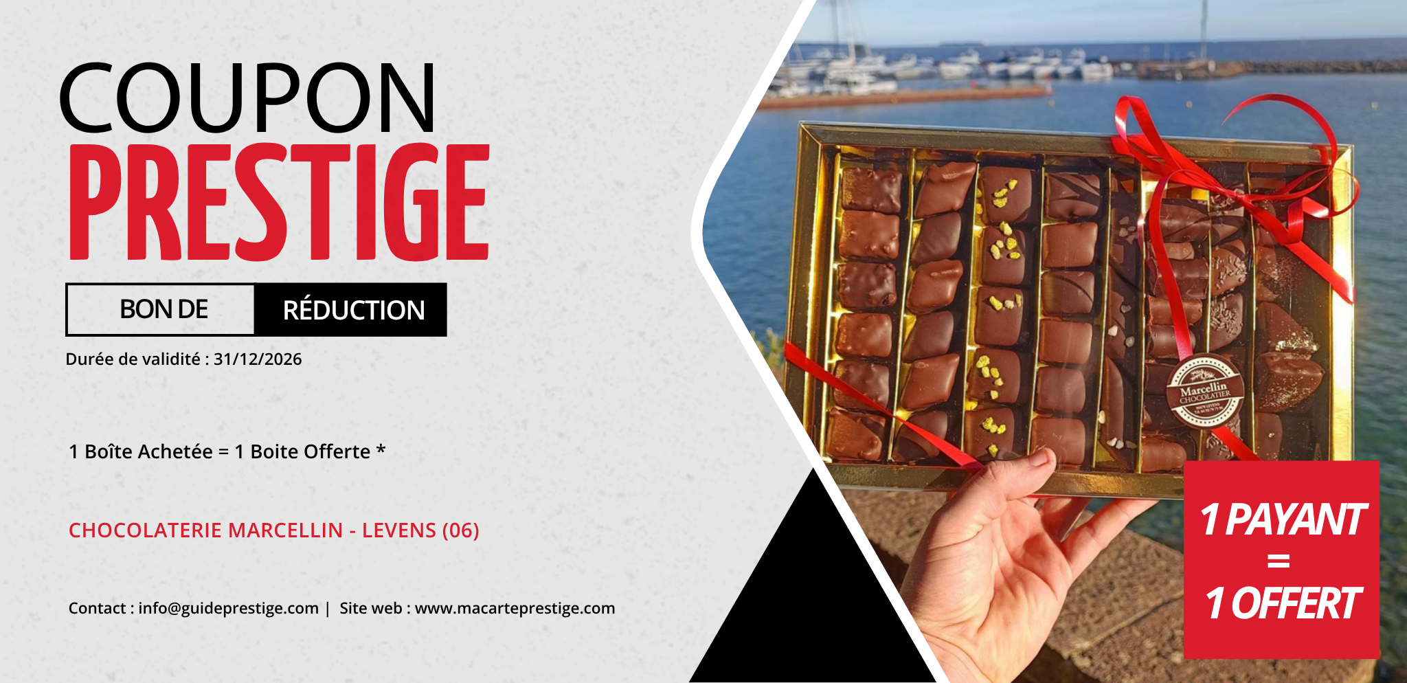 Coupon de réduction : 1 Boîte Achetée = 1 Boite Offerte * - Valable à LA CHOCOLATERIE MARCELLIN - à LEVENS (06)