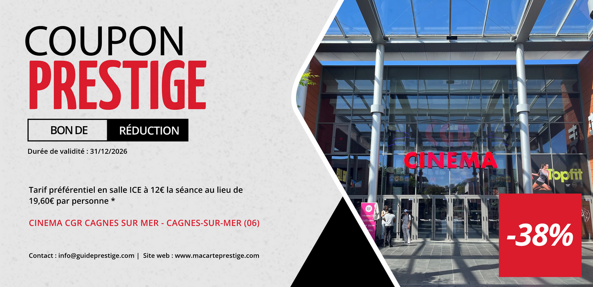 Bon de réduction : Tarif préférentiel en salle ICE à 12€ la séance au lieu de 19,60 € par personne * - Valable au CINEMA CGR CAGNES SUR MER - à CAGNES-SUR-MER (06)