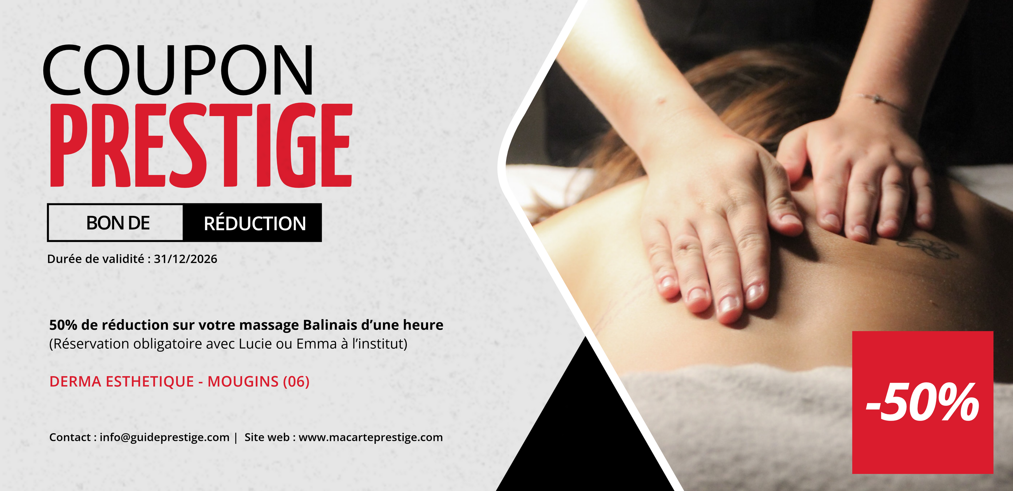 Bon de réduction : Remise de 50% sur votre massage Balinais d'une heure* - Valable chez DERMA ESTHETIQUE SPA - à MOUGINS (06)