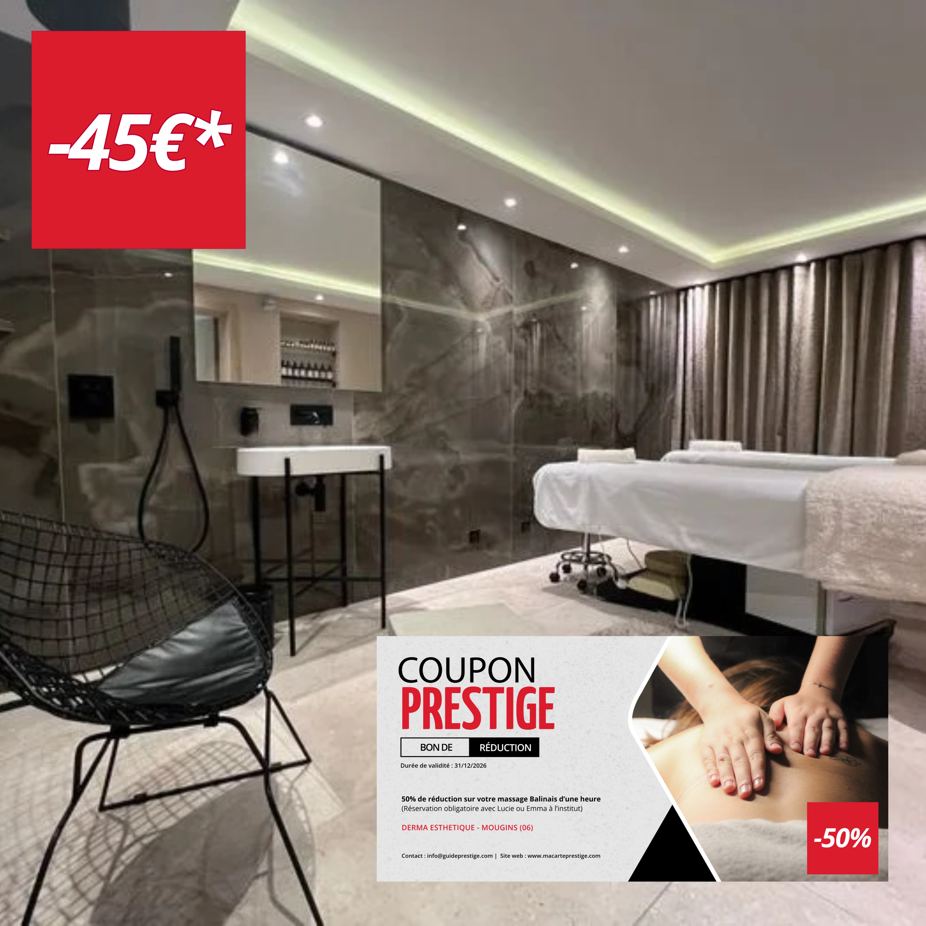Bon de réduction : Remise de 50% sur votre massage Balinais d'une heure* - Valable chez DERMA ESTHETIQUE SPA - à MOUGINS (06)