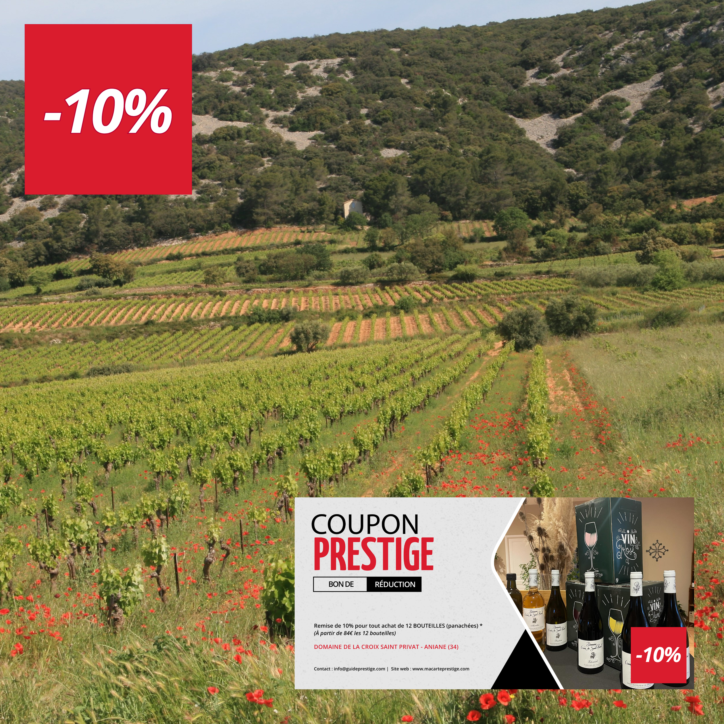 Coupon de réduction : Remise de 10% pour tout achat de 12 BOUTEILLES (panachées) * - Valable au DOMAINE DE LA CROIX SAINT PRIVAT - à ANIANE (34)