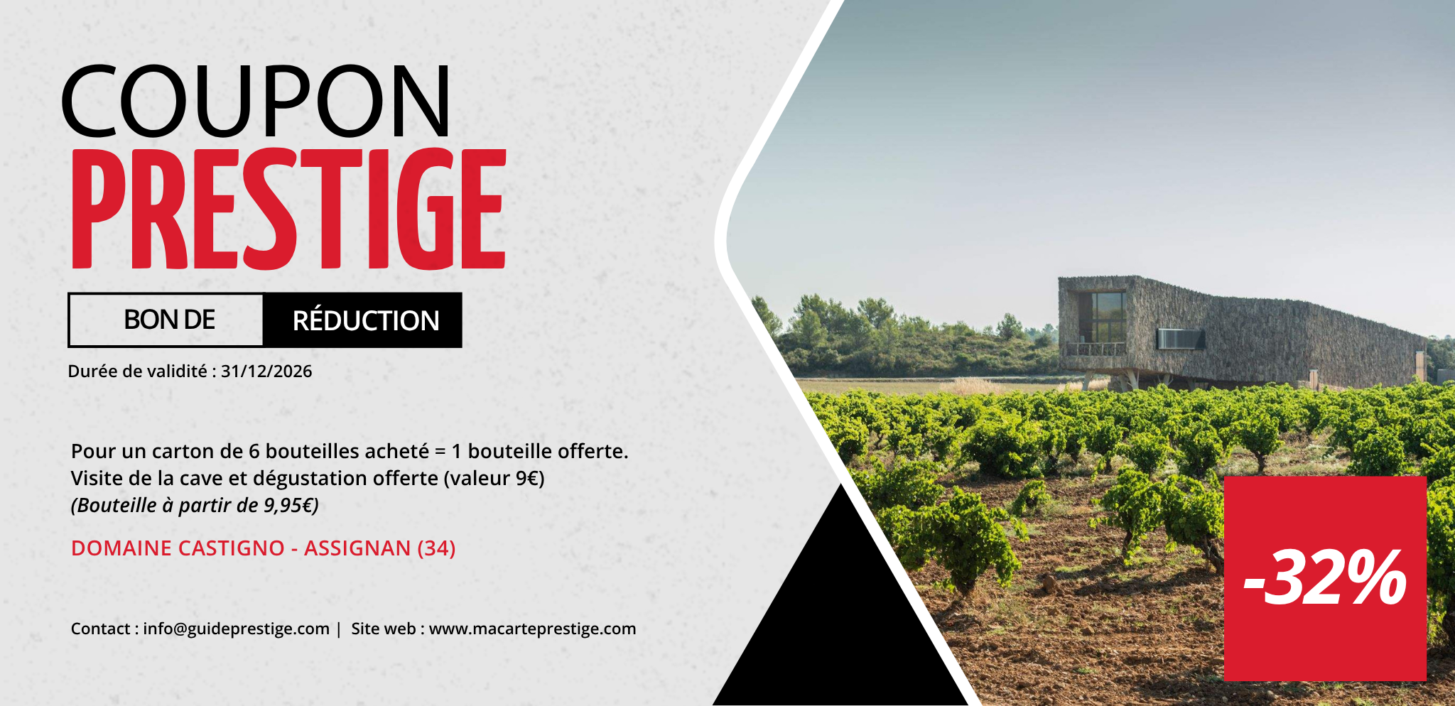 Coupon de réduction : Pour un carton de 6 bouteilles acheté = 1 bouteille offerte. Visite de la cave et dégustation offerte (valeur 9€) - Valable au DOMAINE CASTIGNO - à ASSIGNAN (34)