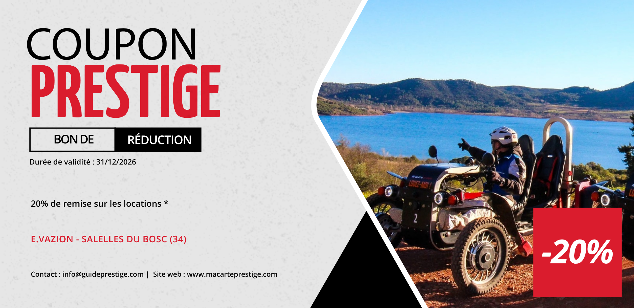 Coupon de réduction : 20% de remise sur les locations * - Valable chez E.VAZION - à SALELLES DU BOSC (34)
