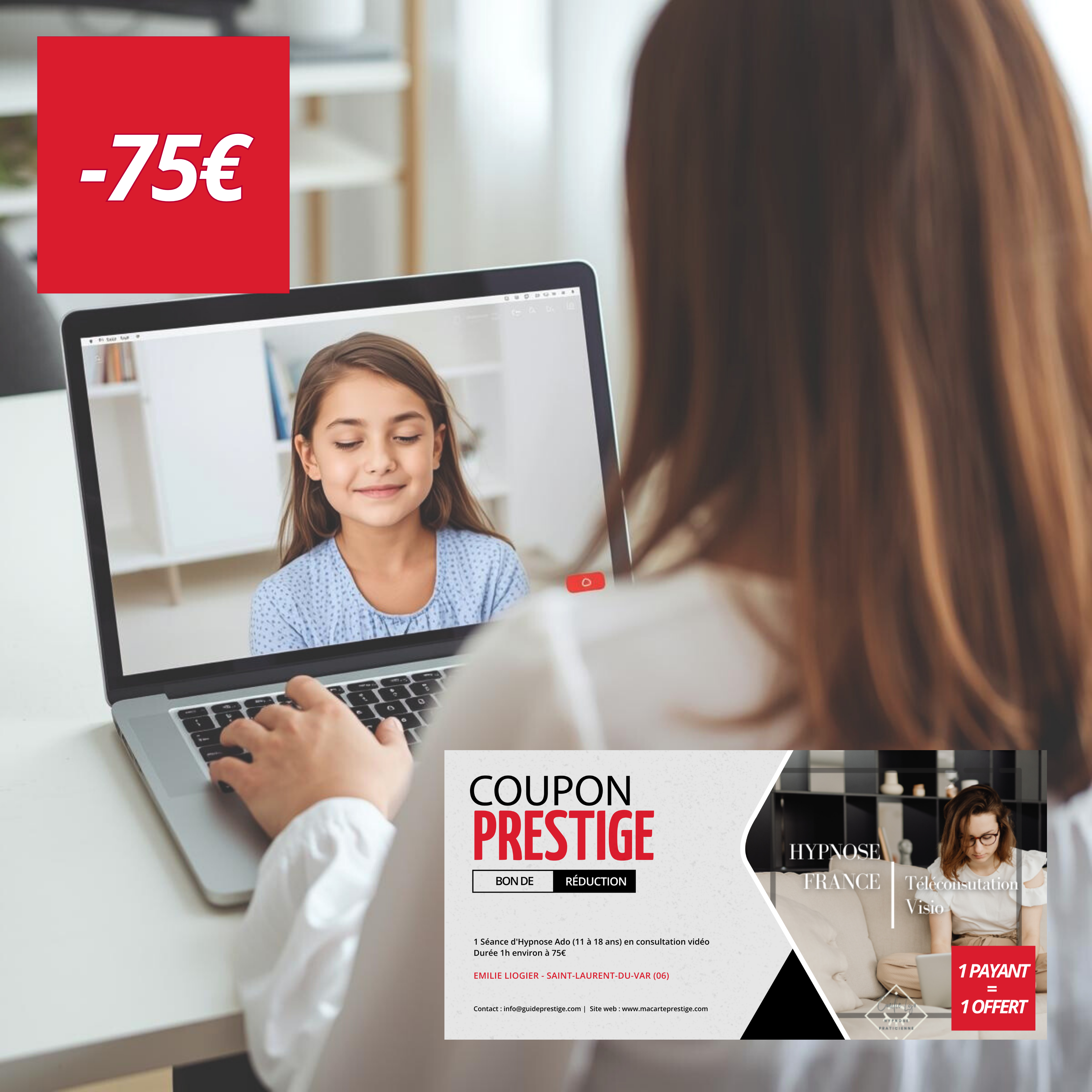 Coupon de réduction : 1 Séance d'Hypnose Ado (11 à 18 ans) en consultation vidéodurée 1h environ à 75€ achetée = 1 offerte - Valable chez EMILIE LIOGIER - à SAINT-LAURENT-DU-VAR (06)