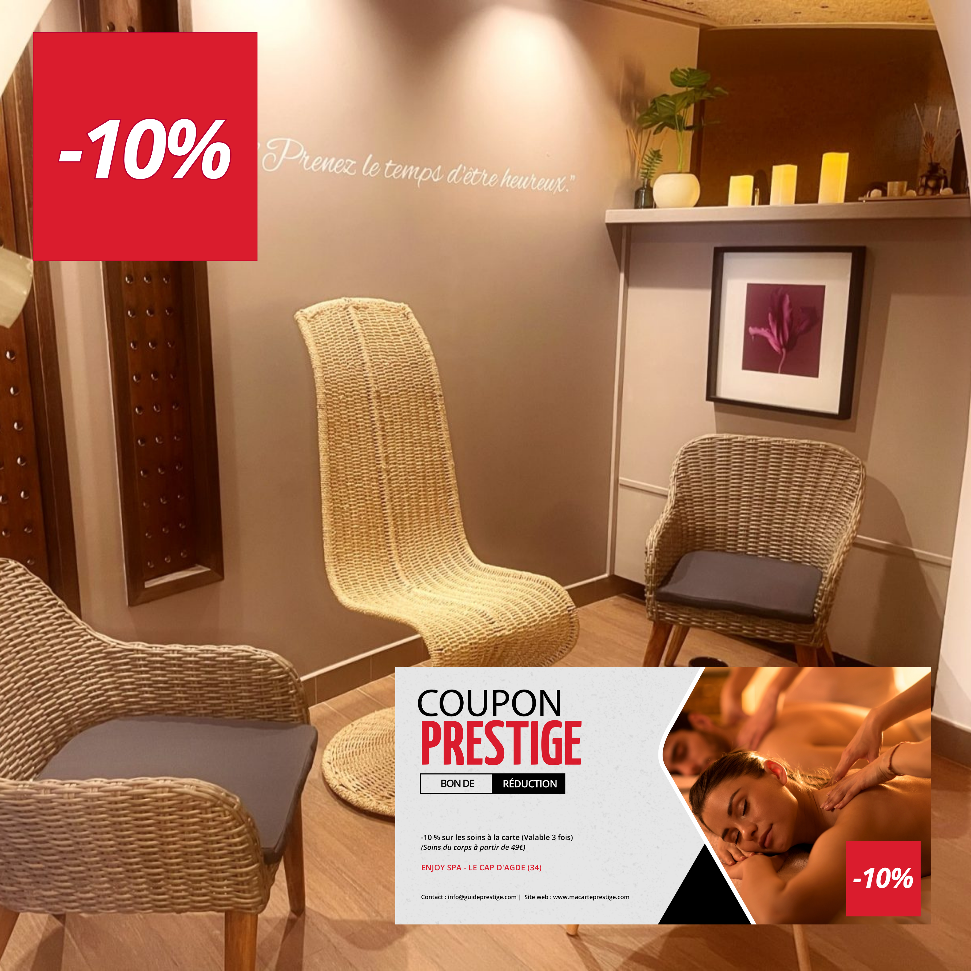 Coupon de réduction : -10 % sur les soins à la carte (Valable 3 fois) - Valable chez ENJOY SPA - à LE CAP D'AGDE (34)