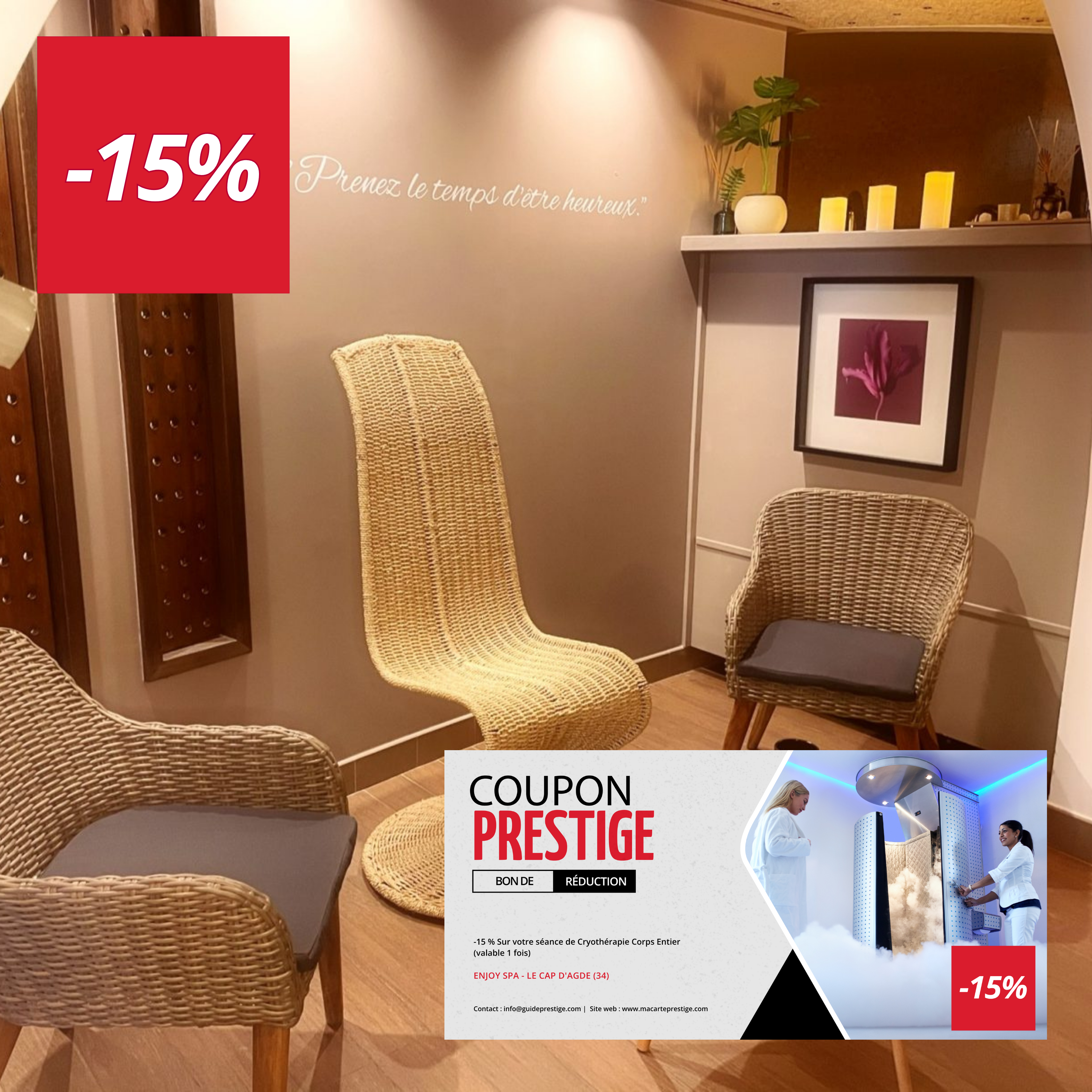 Coupon de réduction : -15 % Sur votre séance de Cryothérapie Corps Entier (valable 1 fois) - Valable chez ENJOY SPA - à LE CAP D'AGDE (34)