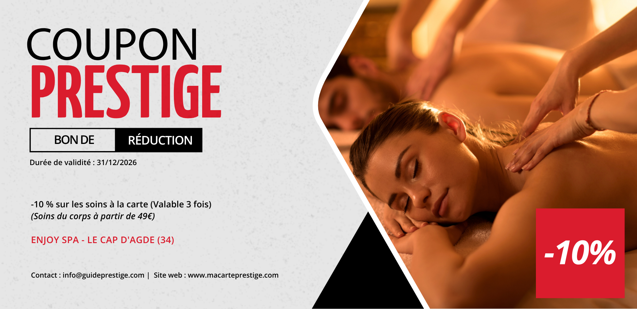 Coupon de réduction : -10 % sur les soins à la carte (Valable 3 fois) - Valable chez ENJOY SPA - à LE CAP D'AGDE (34)