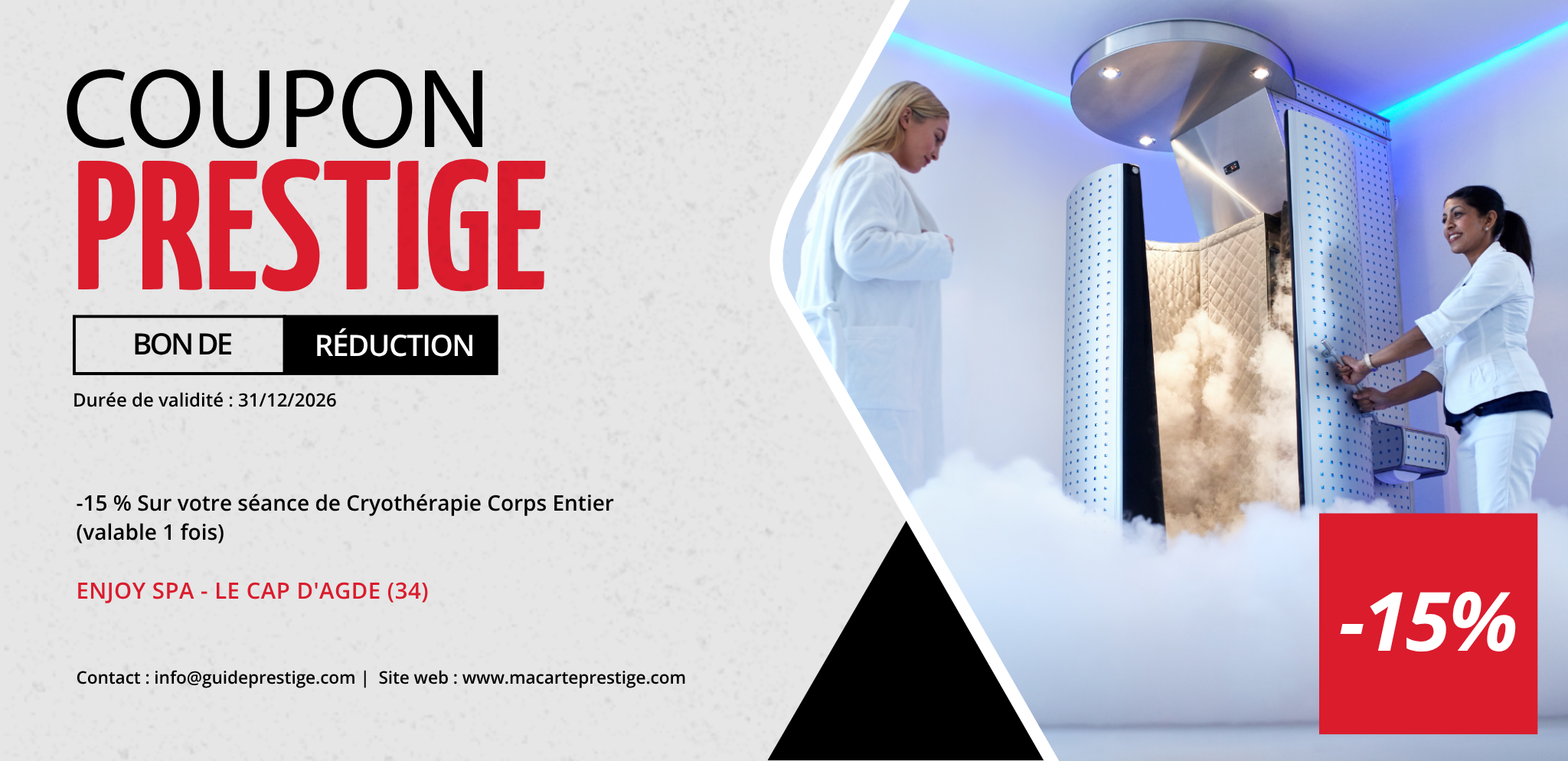 Coupon de réduction : -15 % Sur votre séance de Cryothérapie Corps Entier (valable 1 fois) - Valable chez ENJOY SPA - à LE CAP D'AGDE (34)