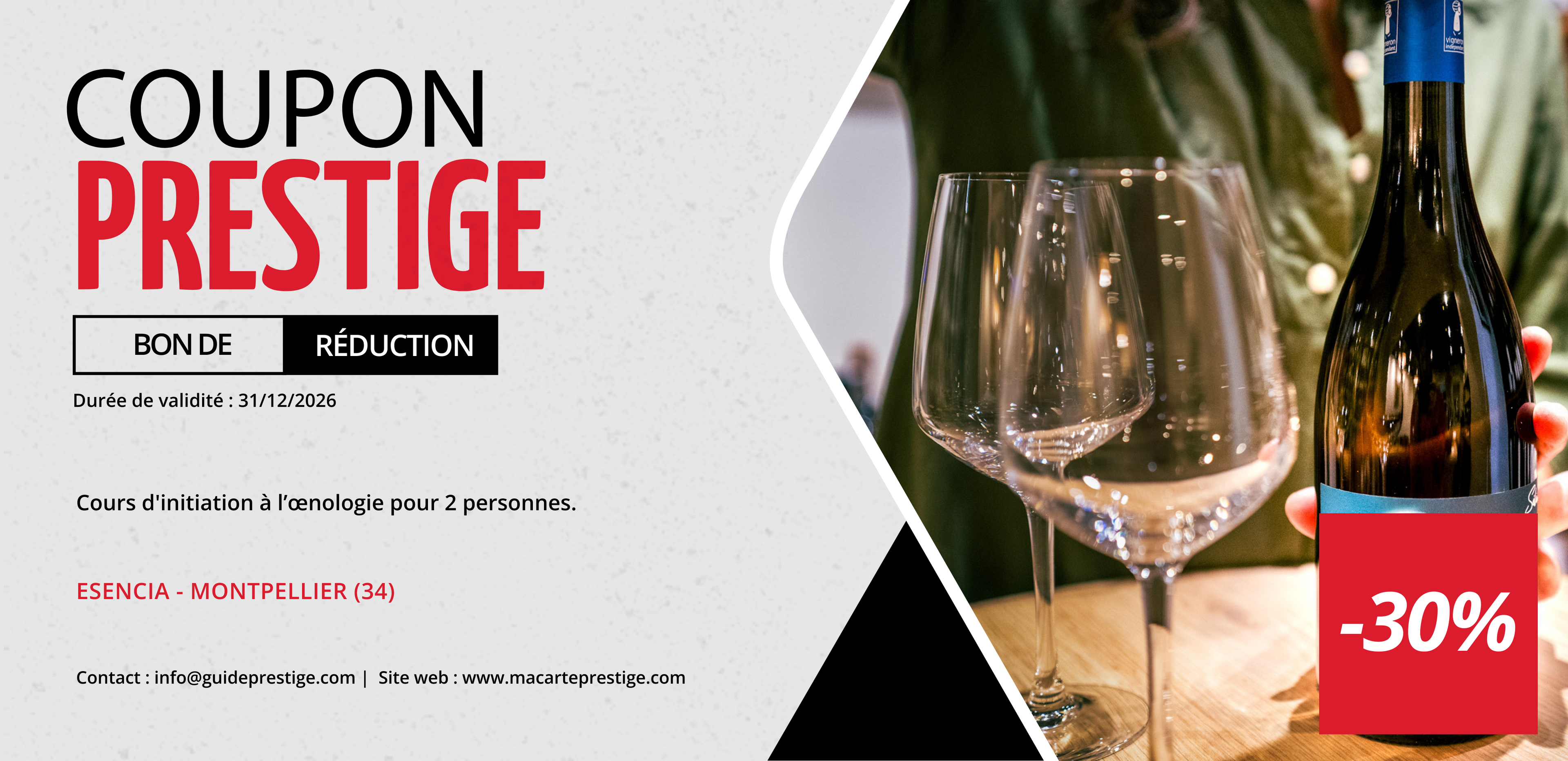 Coupon de réduction : Cours d'initiation à l'oenologie pour 2 personnes à -30% - Valable chez ESENCIA - à MONTPELLIER (34)