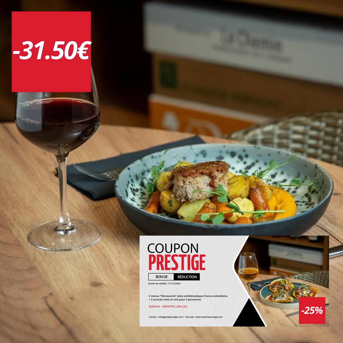 Bon de réduction : 2 menus Découverte plats emblématiques franco-colombiens & 3 accords mets et vins pour 2 personnes à -25% - Valable chez ESENCIA - à MONTPELLIER (34)