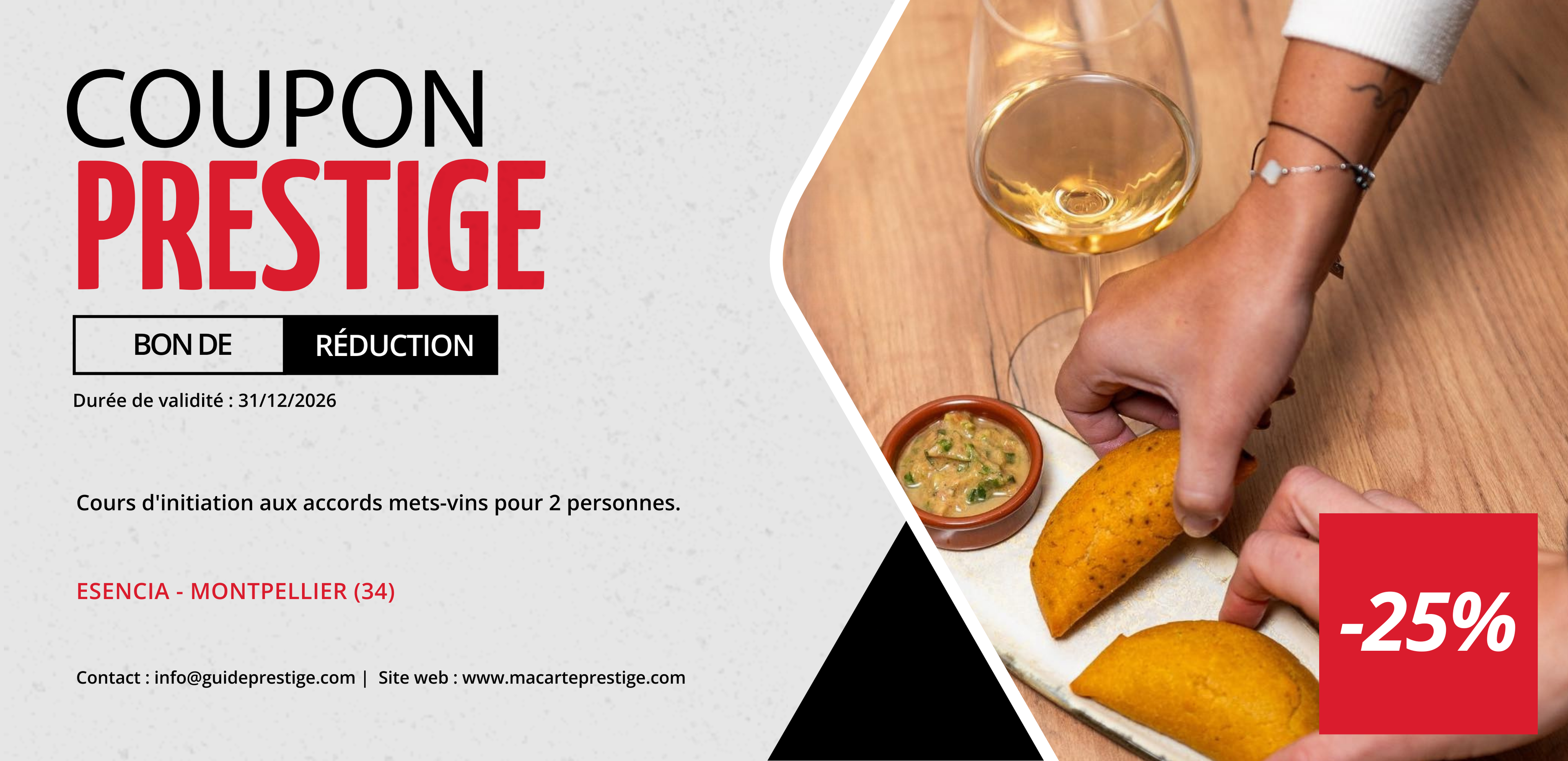 Coupon de réduction : Cours d'initiation aux accords mets-vins pour 2 personnes à -25% - Valable chez ESENCIA - à MONTPELLIER (34)