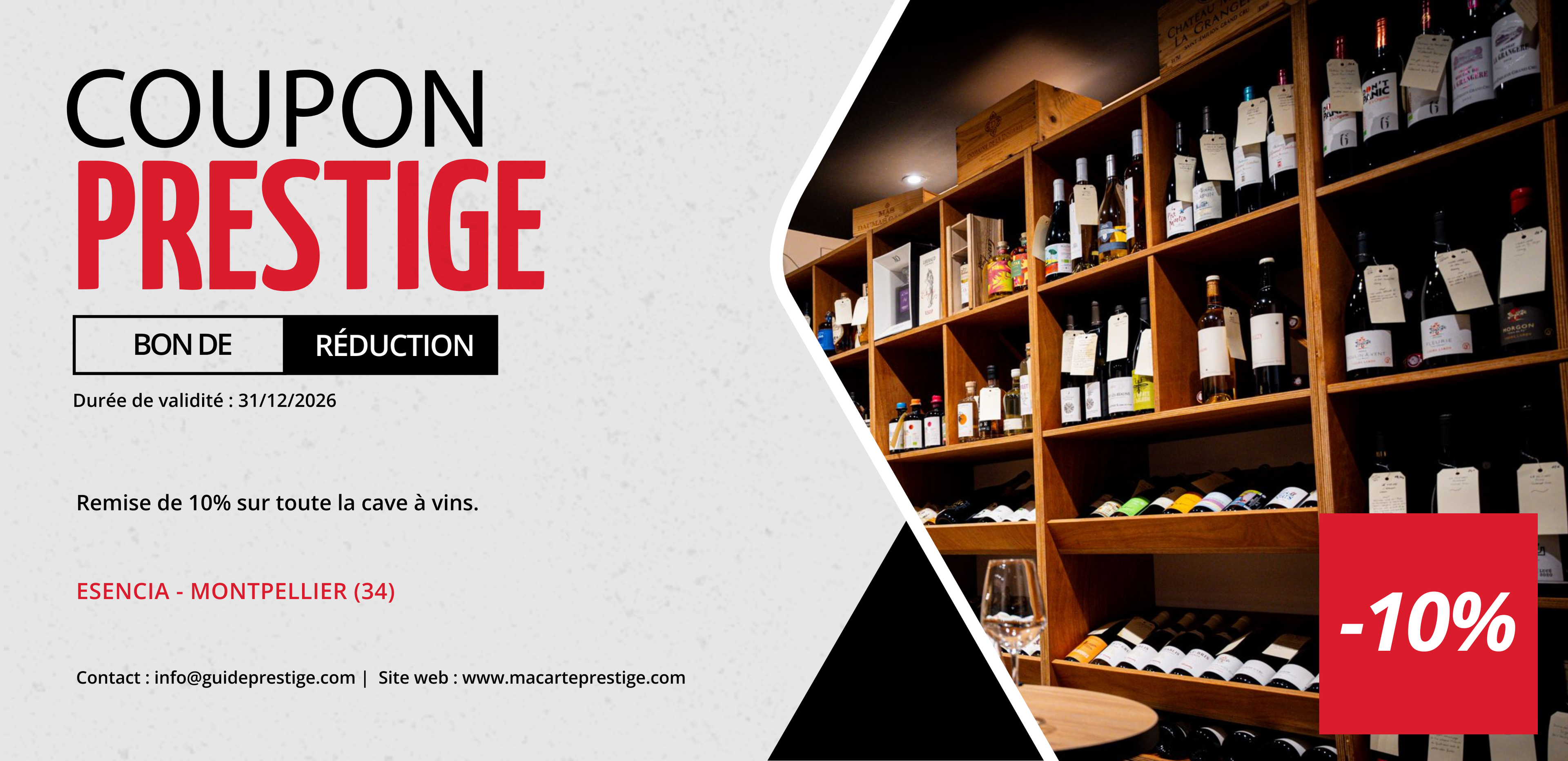 Coupon de réduction : Remise de 10% sur toute la cave à vins - Valable chez ESENCIA - à MONTPELLIER (34)