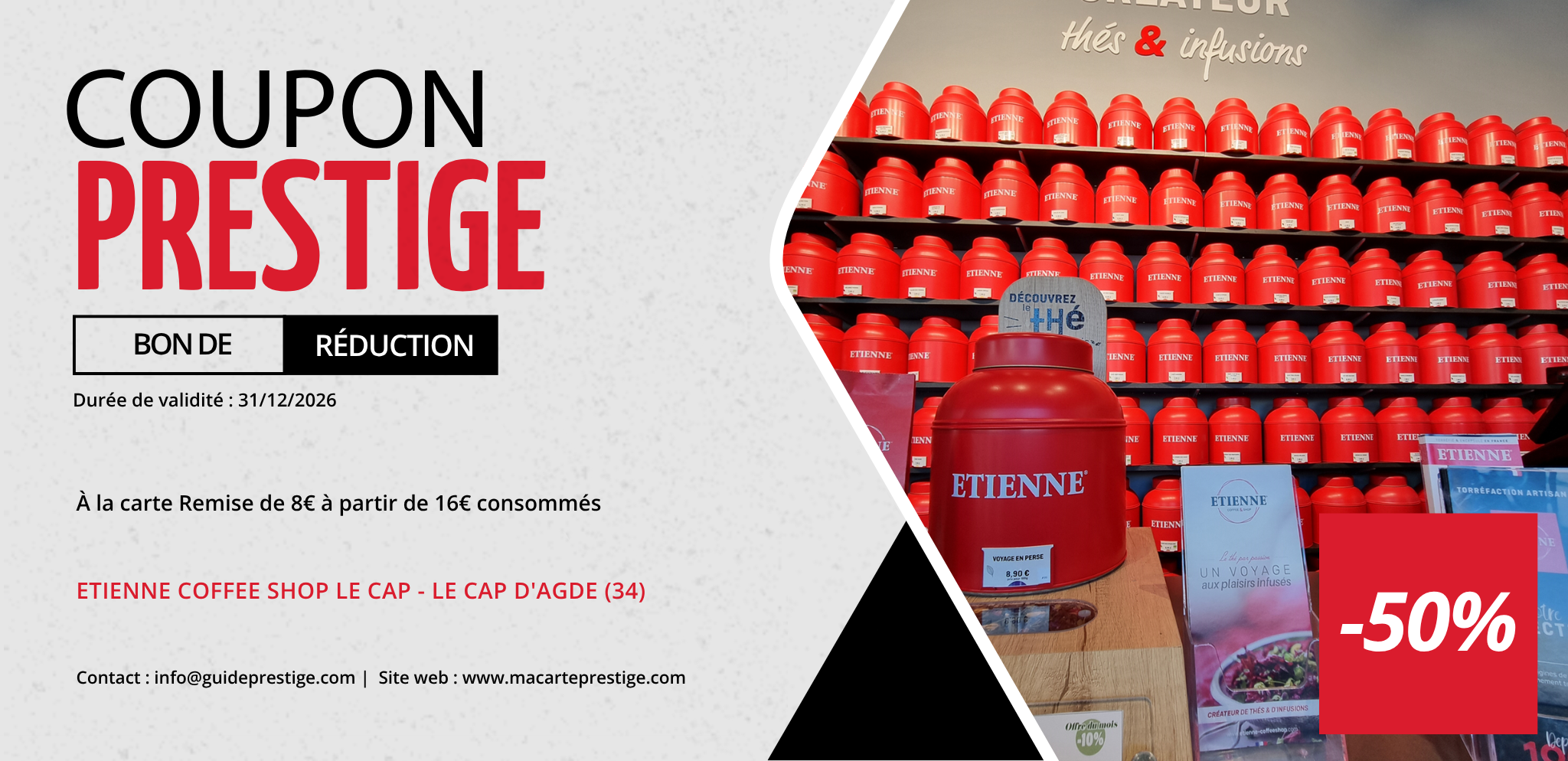 Coupon de réduction : À la carte Remise de 8€ à partir de 16€ consommés - Valable chez ETIENNE COFFEE SHOP LE CAP - à LE CAP D'AGDE (34)
