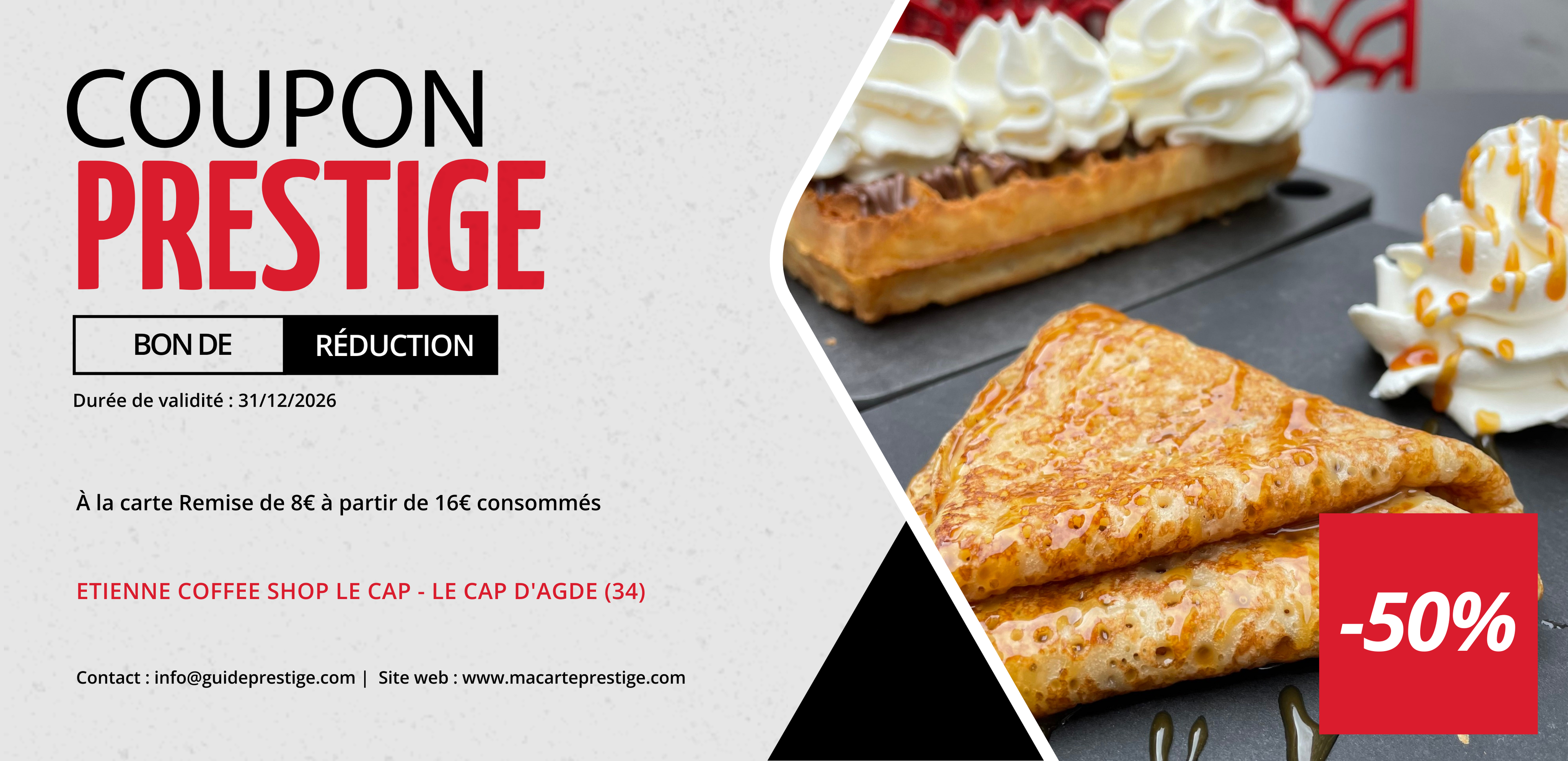 Coupon de réduction : À la carte Remise de 8€ à partir de 16€ consommés - Valable chez ETIENNE COFFEE SHOP LE CAP - à LE CAP D'AGDE (34)