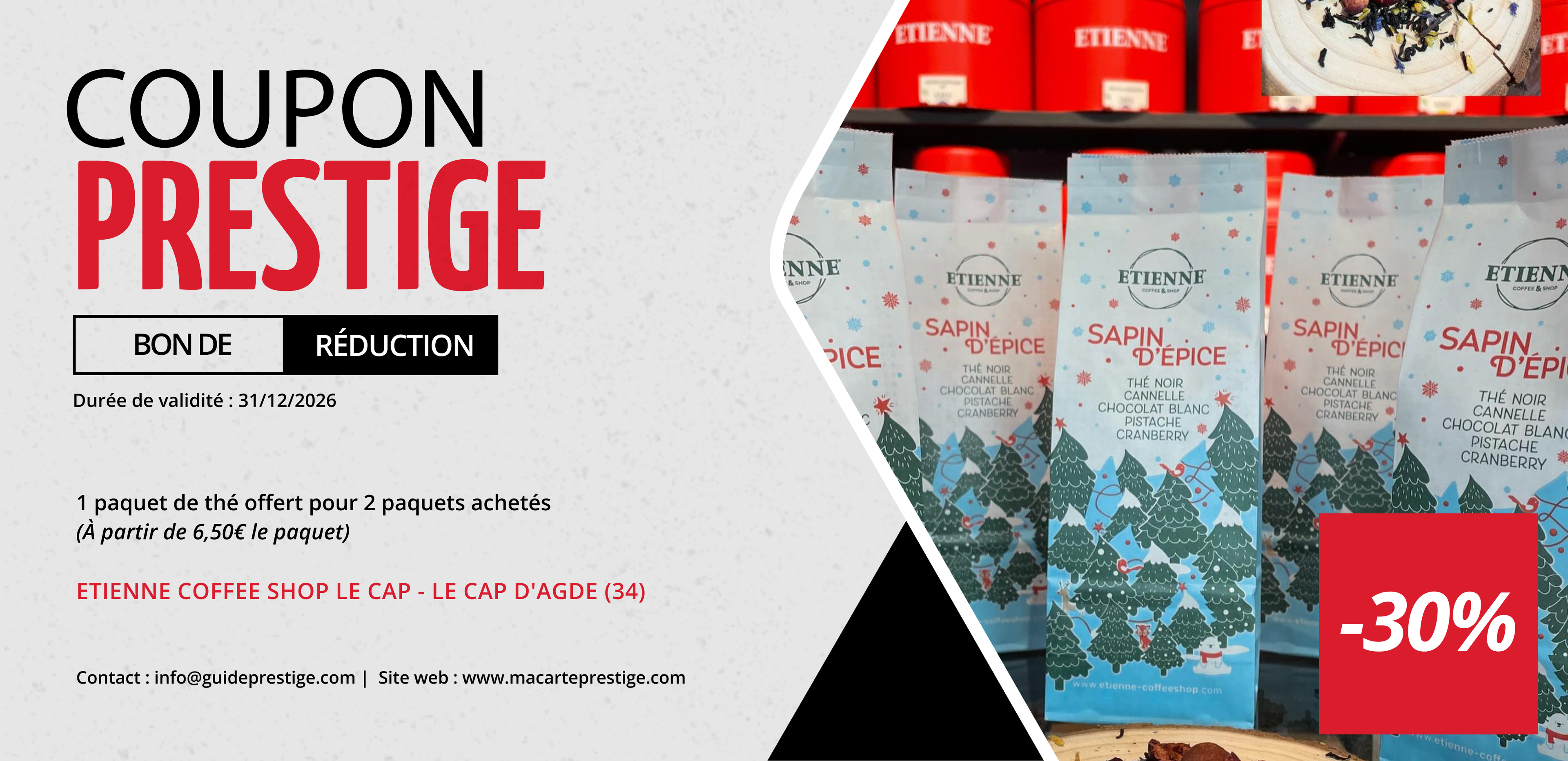 Coupon de réduction : 1 paquet de thé offert pour 2 paquets achetés - Valable chez ETIENNE COFFEE SHOP LE CAP - à LE CAP D'AGDE (34)