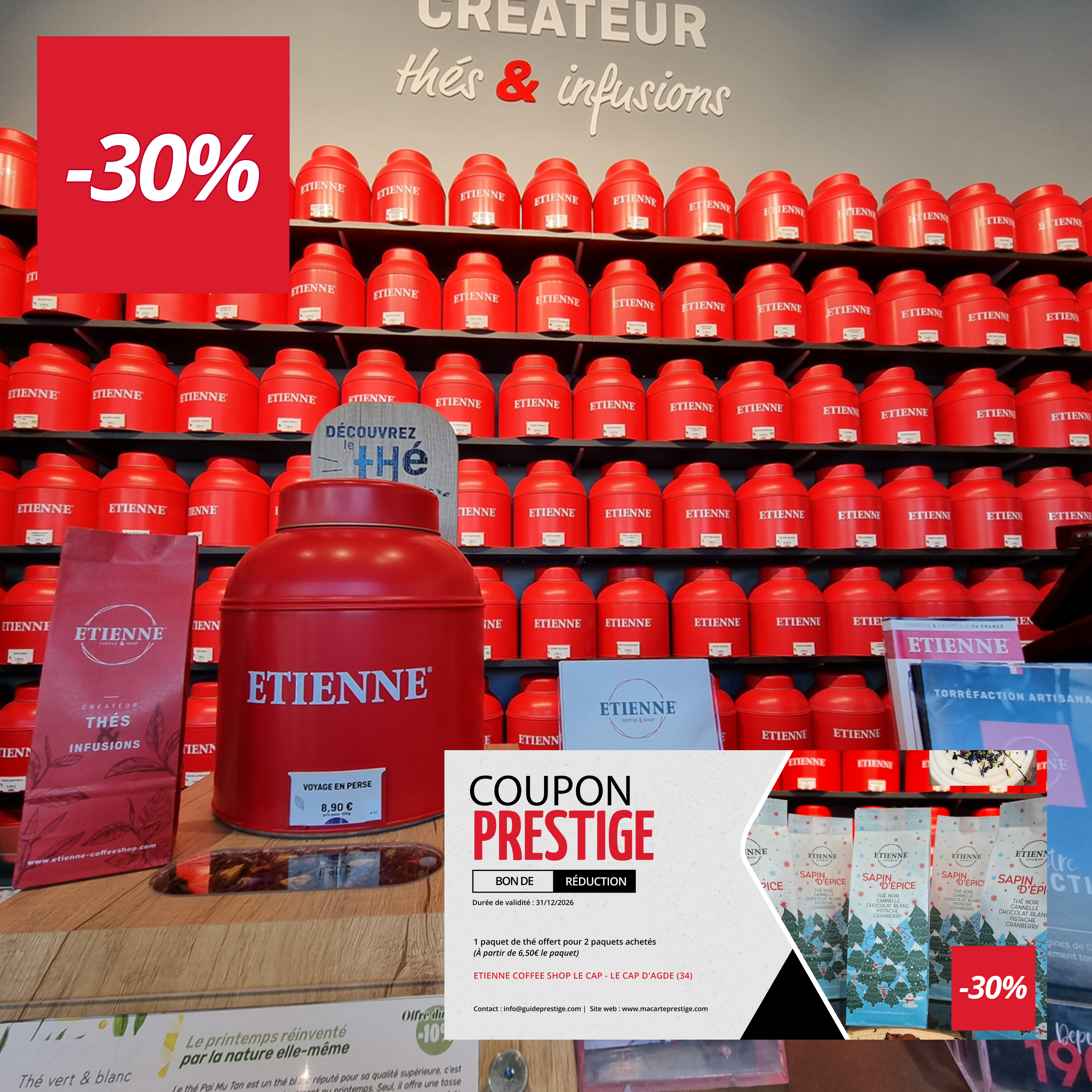 Coupon de réduction : 1 paquet de thé offert pour 2 paquets achetés - Valable chez ETIENNE COFFEE SHOP LE CAP - à LE CAP D'AGDE (34)