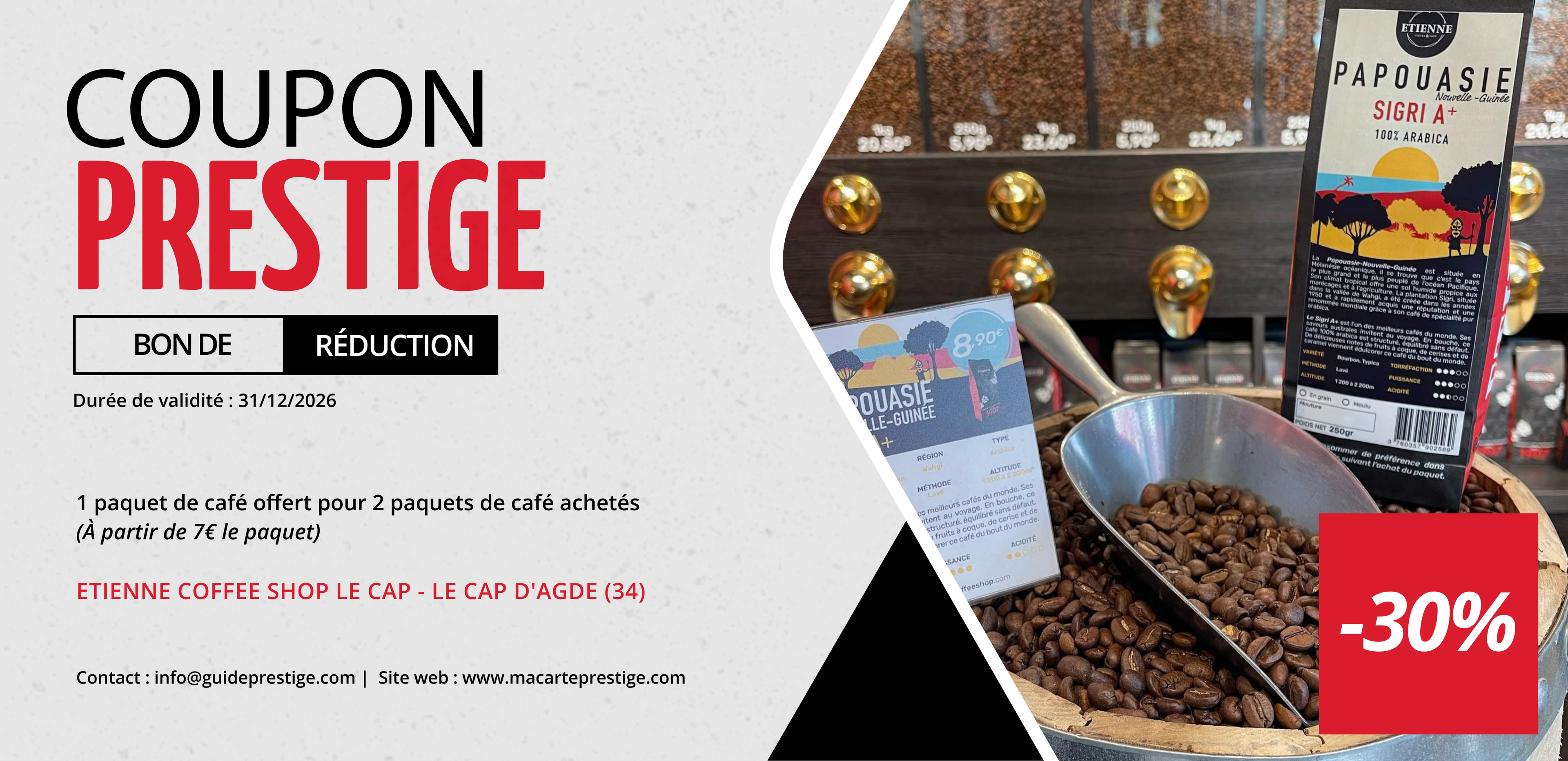 Coupon de réduction : 1 paquet de café offert pour 2 paquets de café achetés - Valable chez ETIENNE COFFEE SHOP LE CAP - à (34)