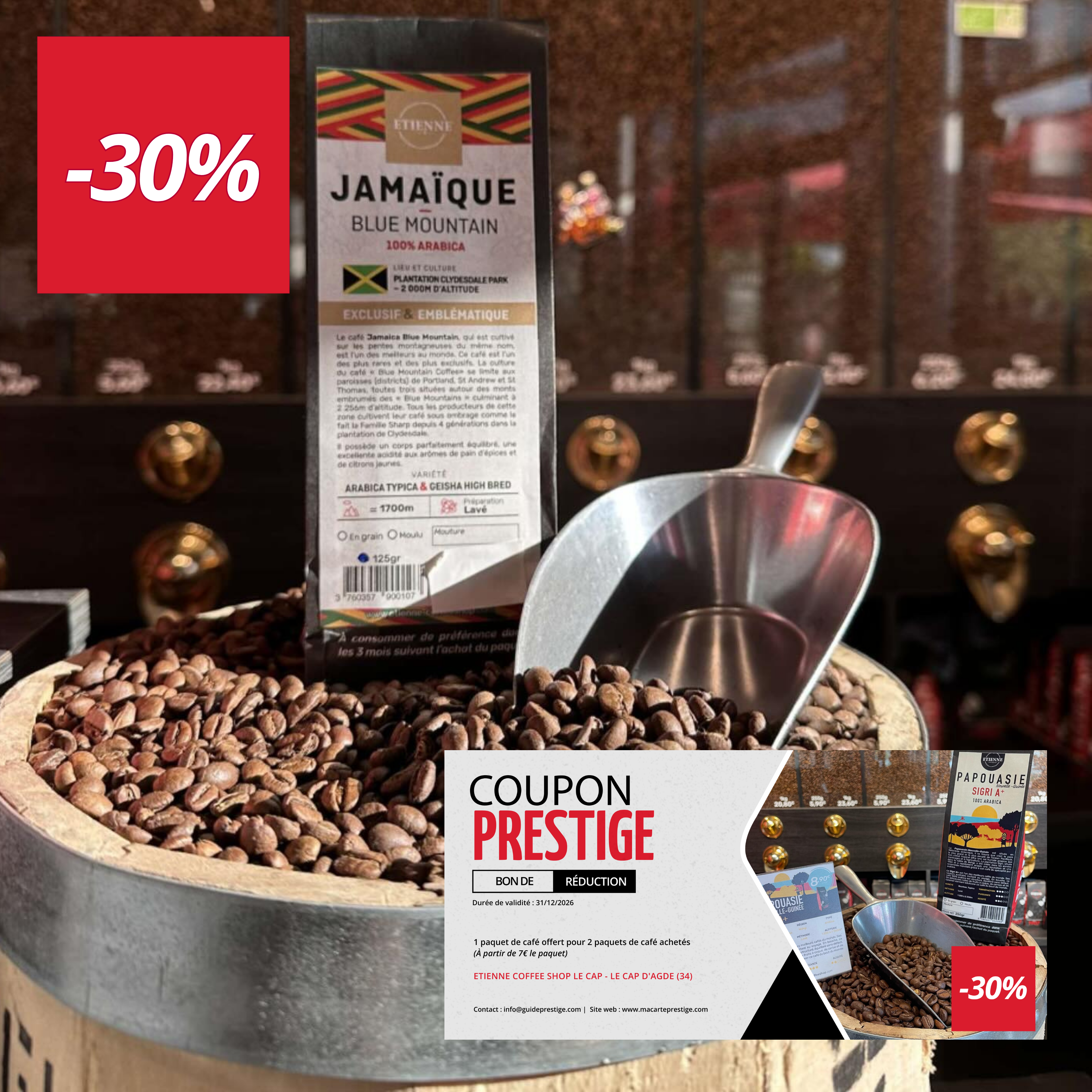 Coupon de réduction : 1 paquet de café offert pour 2 paquets de café achetés - Valable chez ETIENNE COFFEE SHOP LE CAP - à (34)