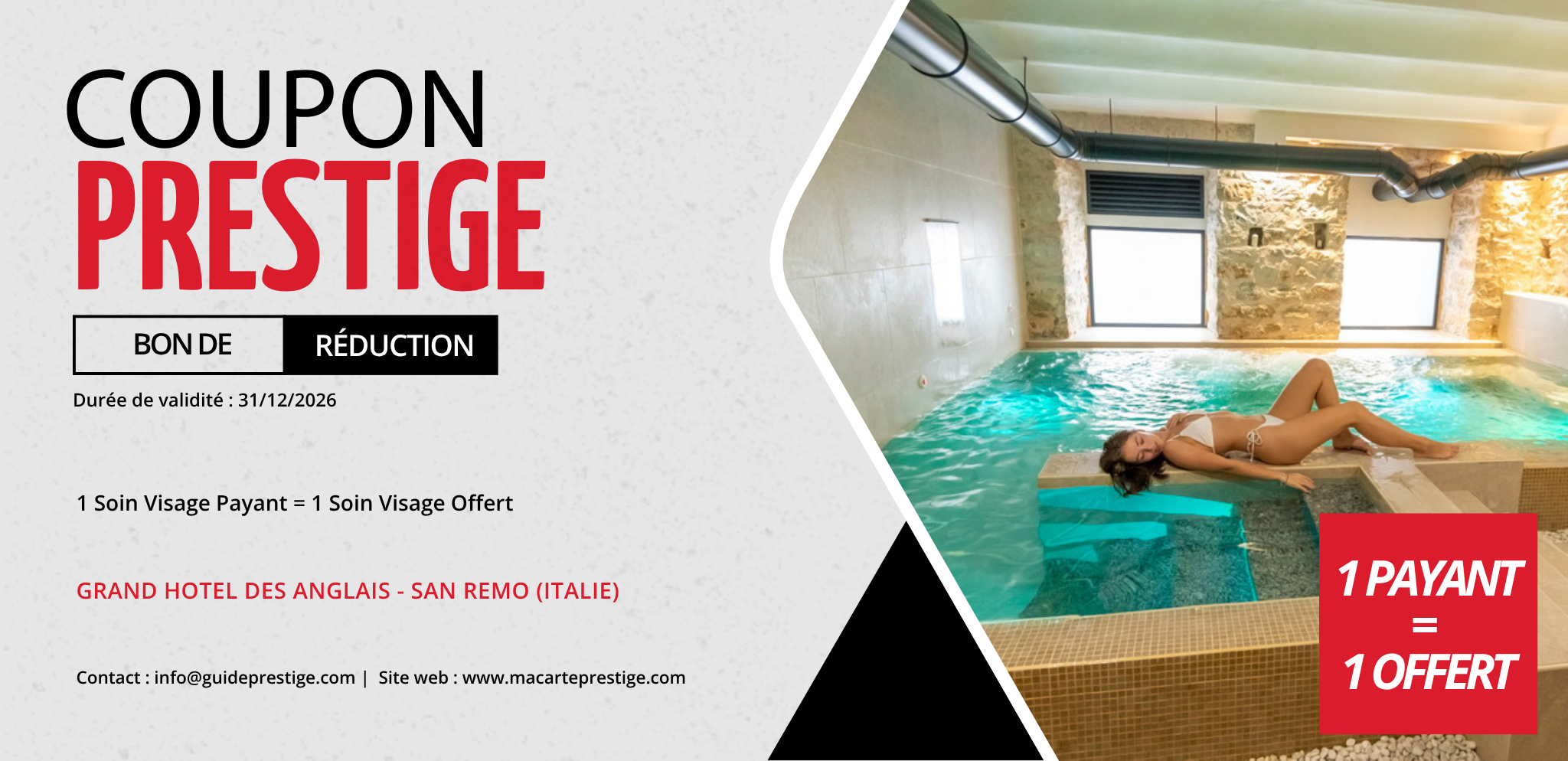 Coupon de réduction : 1 Soin Visage Payant = 1 Soin Visage Offert - Valable au GRAND HOTEL DES ANGLAIS - à SAN REMO (ITALIE)