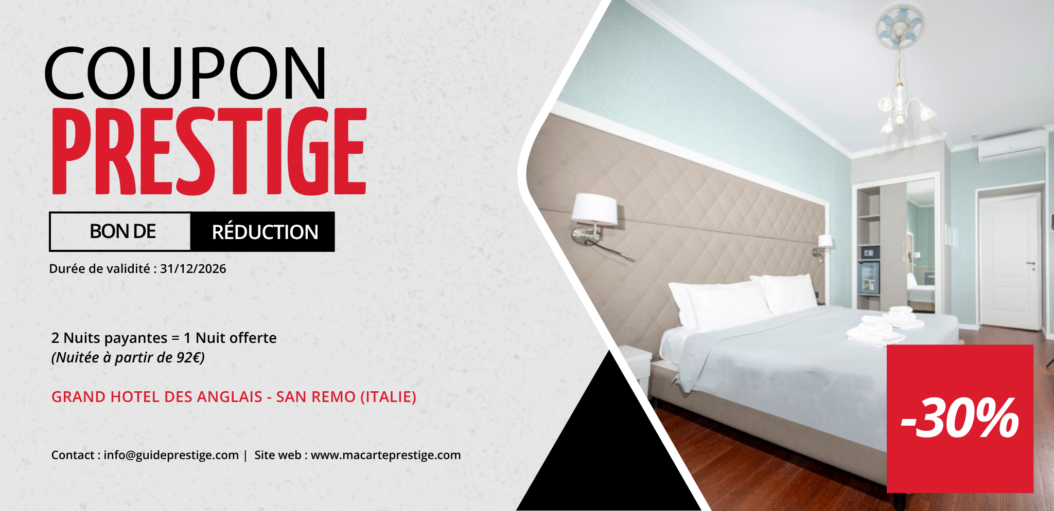 Coupon de réduction : 2 Nuits payantes = 1 Nuit offerte - Valable au GRAND HOTEL DES ANGLAIS - à SAN REMO (ITALIE)