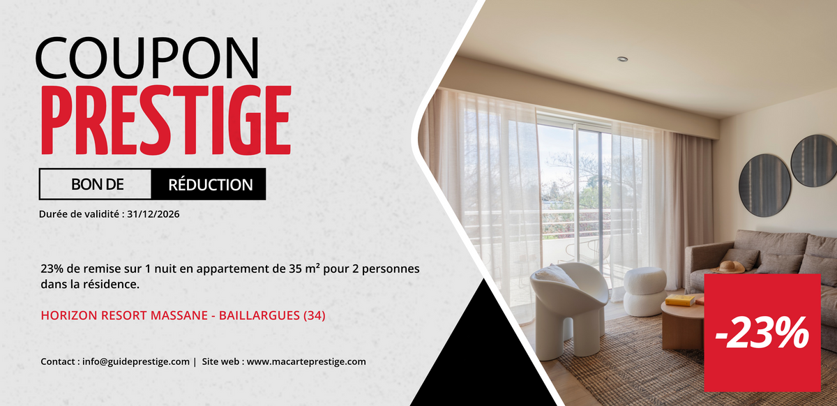 Bon de réduction : 1 nuit en Appartement dans la résidence à -23%* - Valable à l'hôtel 4 étoiles Horizon Resort Massane - à Baillargues (34)