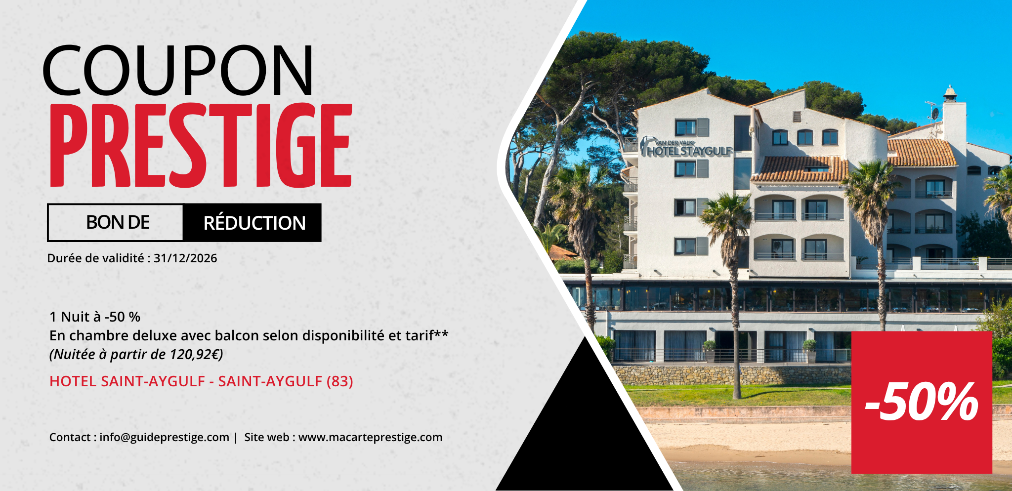 Coupon de réduction : 1 Nuit à -50 % En chambre deluxe avec balcon selon disponibilité et tarif** - Valable à L'HOTEL SAINT-AYGULF - à SAINT-AYGULF (83)